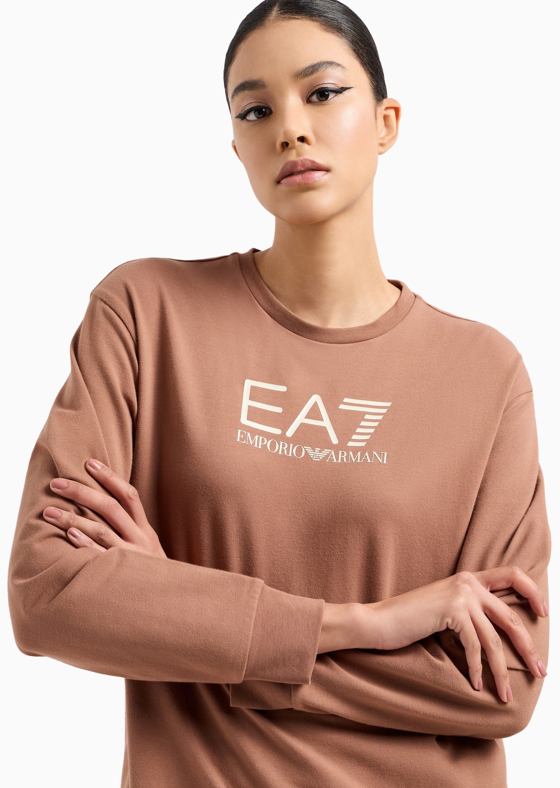 EA7 女士纯棉弹力套头卫衣短裤印花健身运动套装