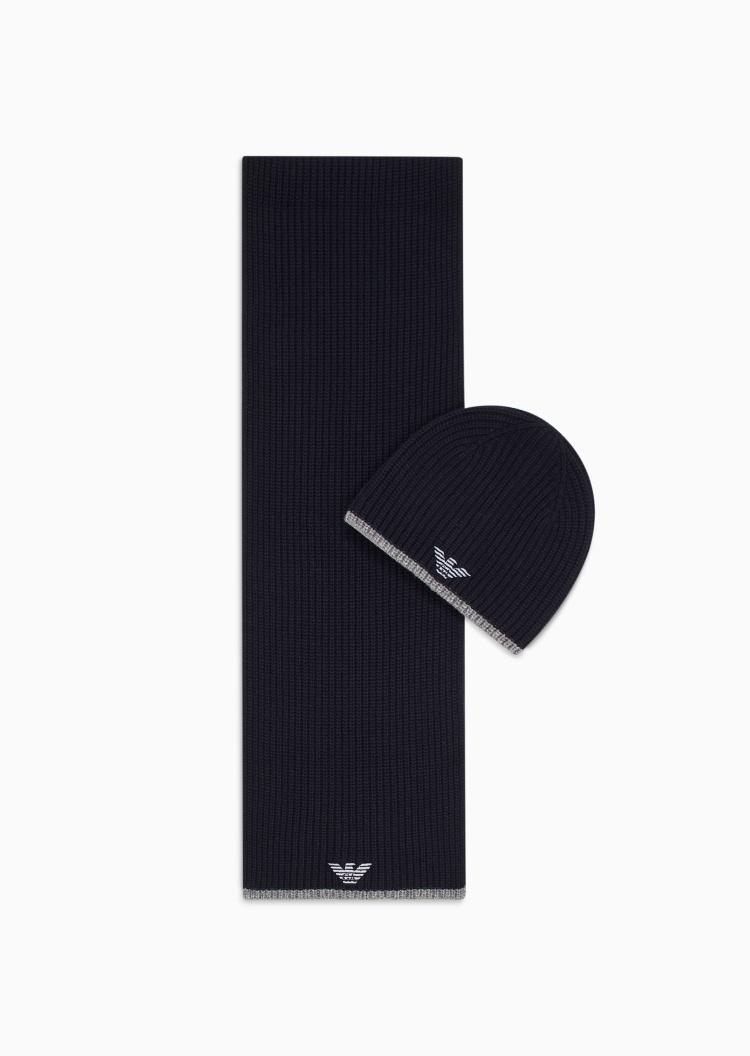 Emporio Armani 男士绵羊毛通体罗纹帽子围巾套装