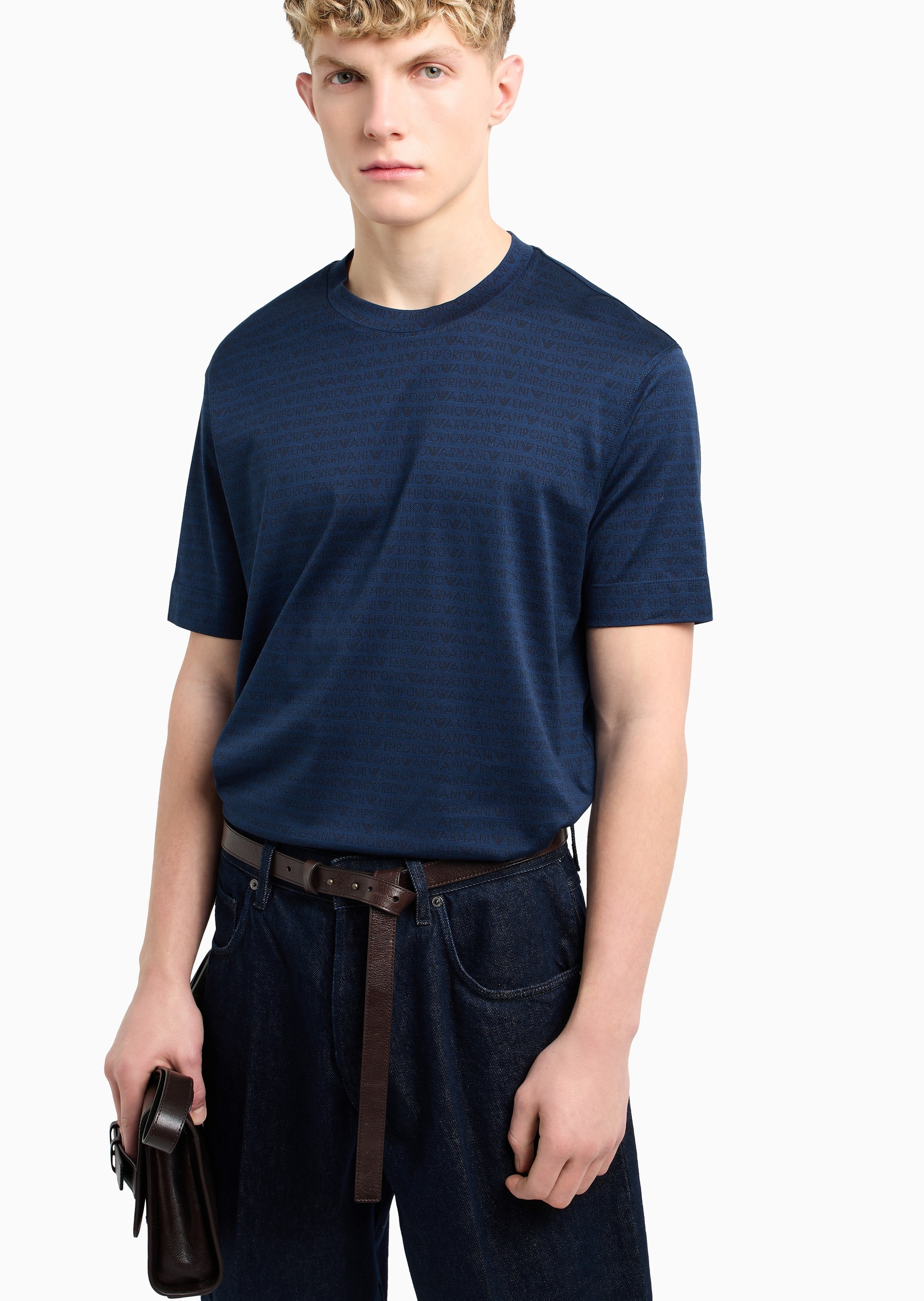 Emporio Armani 男士全棉宽松短袖圆领字母提花T恤