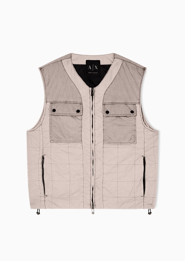 ARMANI EXCHANGE 男士无袖拉链门襟格纹时尚棉服马甲