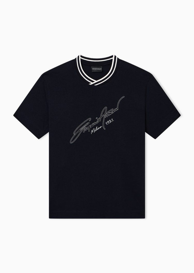 Emporio Armani 男士纯棉合身短袖圆领撞色饰边刺绣重磅T恤