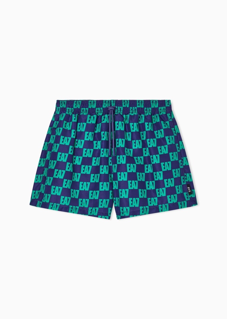 EA7 男士系带腰短款直筒撞色印花游泳沙滩裤