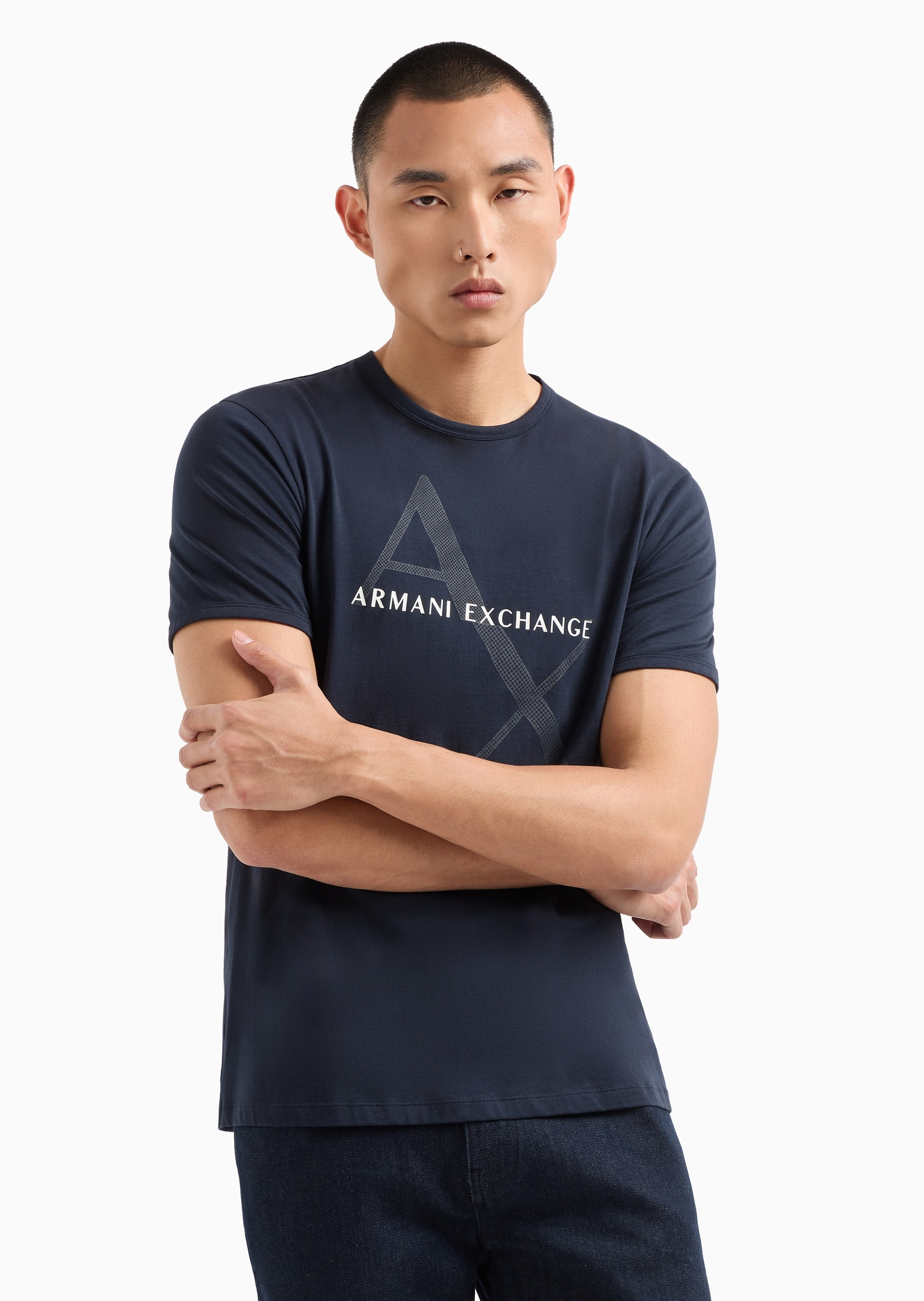 ARMANI EXCHANGE 男士全棉合身短袖圆领网格LOGOT恤