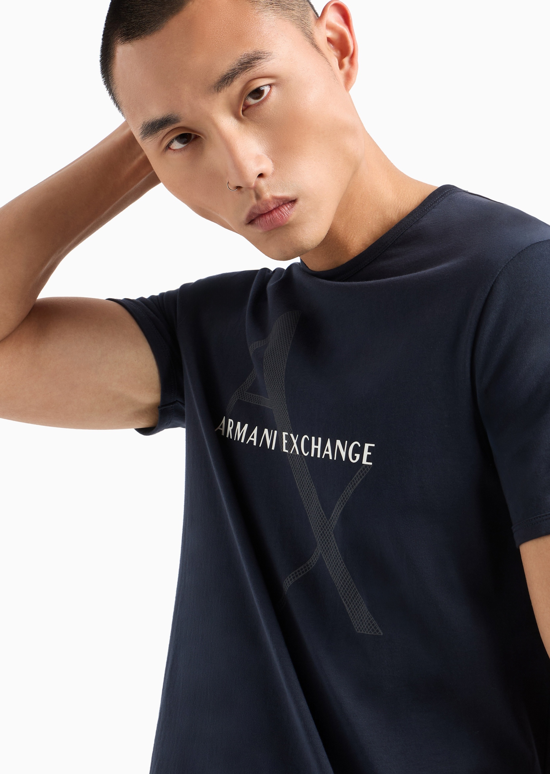ARMANI EXCHANGE 男士全棉合身短袖圆领网格LOGOT恤