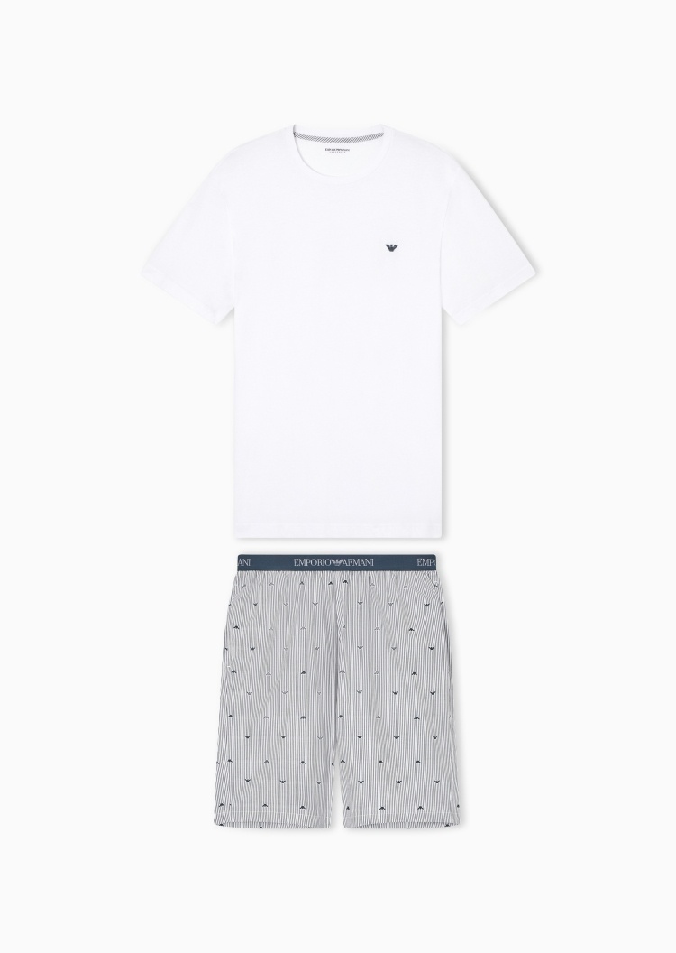 Emporio Armani 男士纯棉圆领短袖T恤短裤刺绣睡衣套装