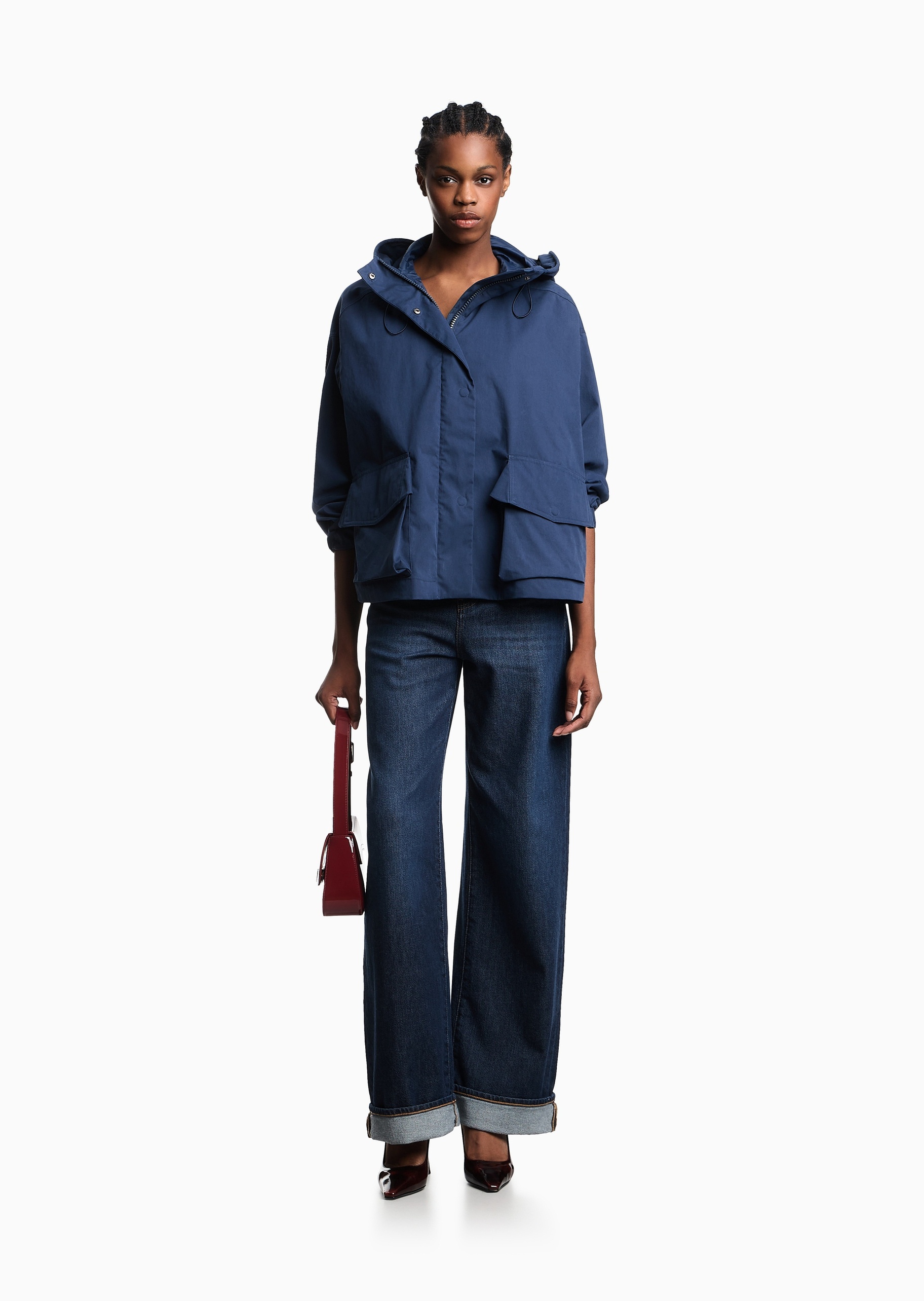 Emporio Armani 女士纯棉宽松高腰长款直筒阔腿牛仔裤