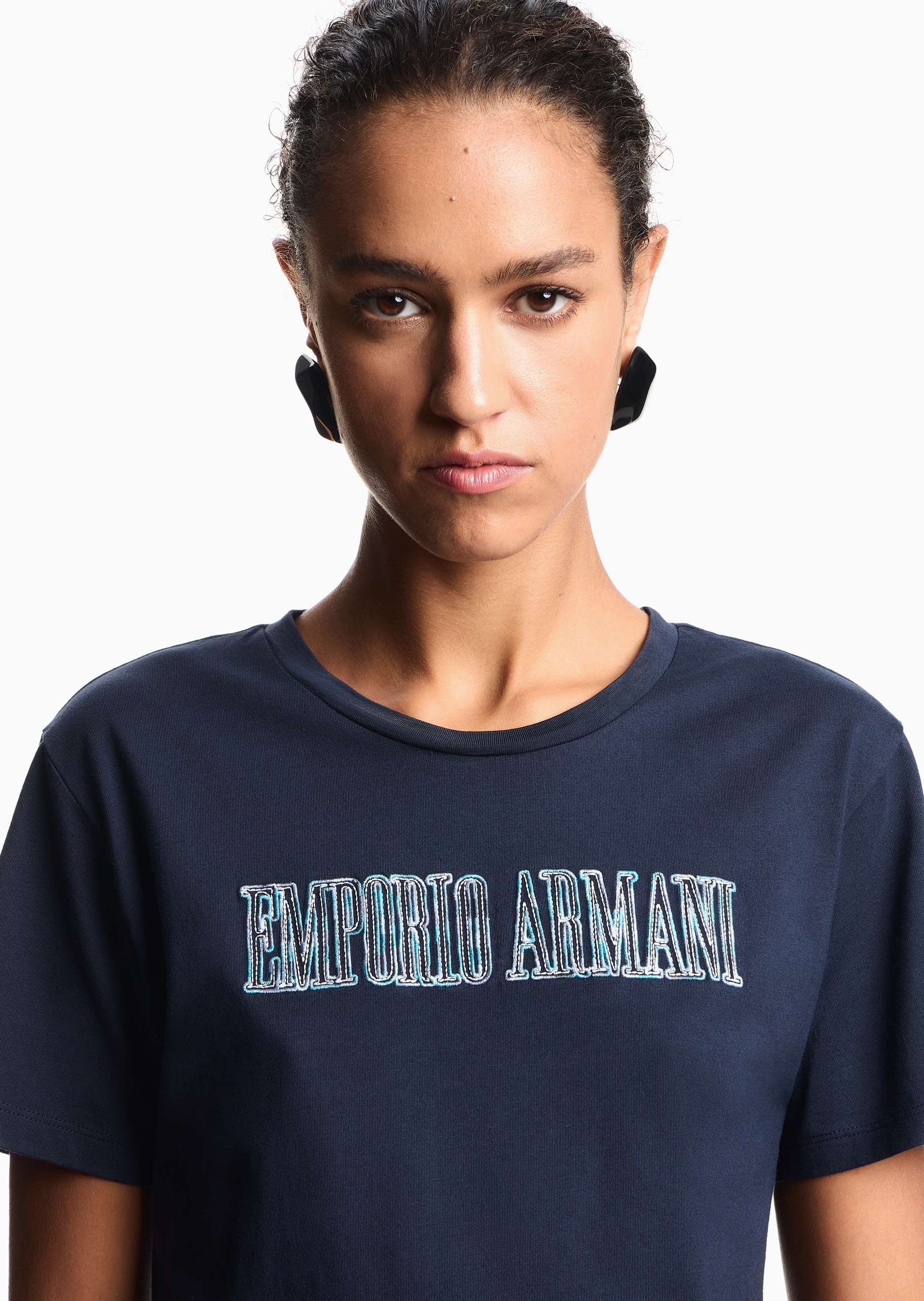 Emporio Armani 女士全棉合身短袖圆领多色刺绣T恤