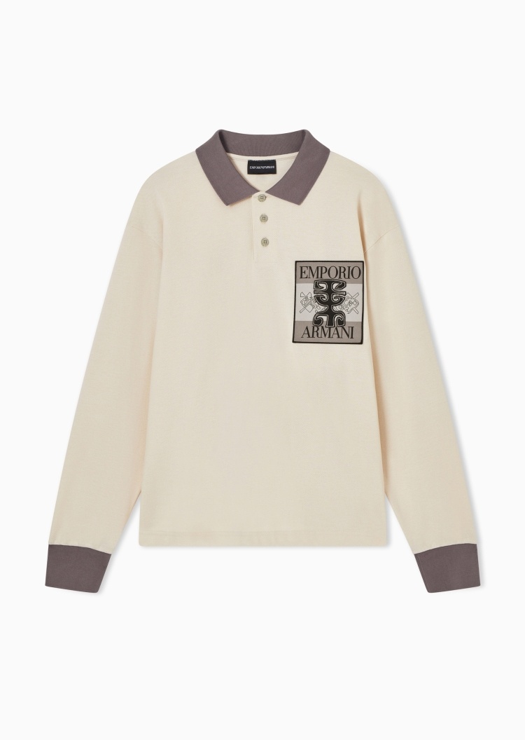 Emporio Armani 男士纯棉长袖翻领贴片Polo衫
