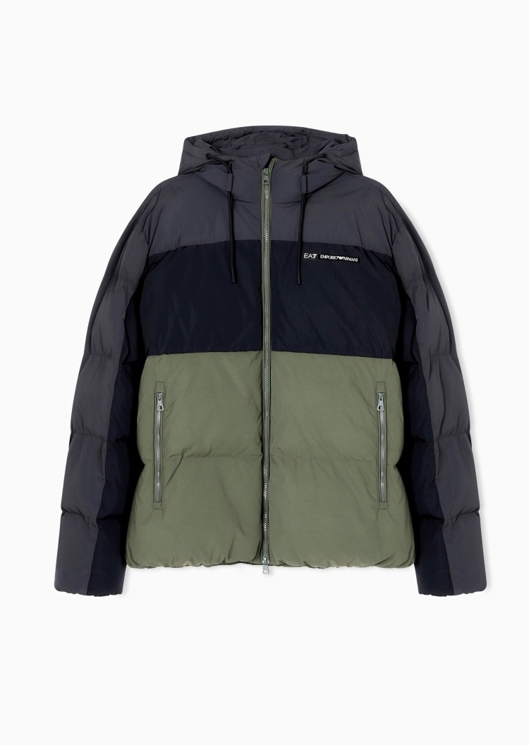 EA7 男士短款加厚长袖连帽拉链撞色拼接休闲棉服