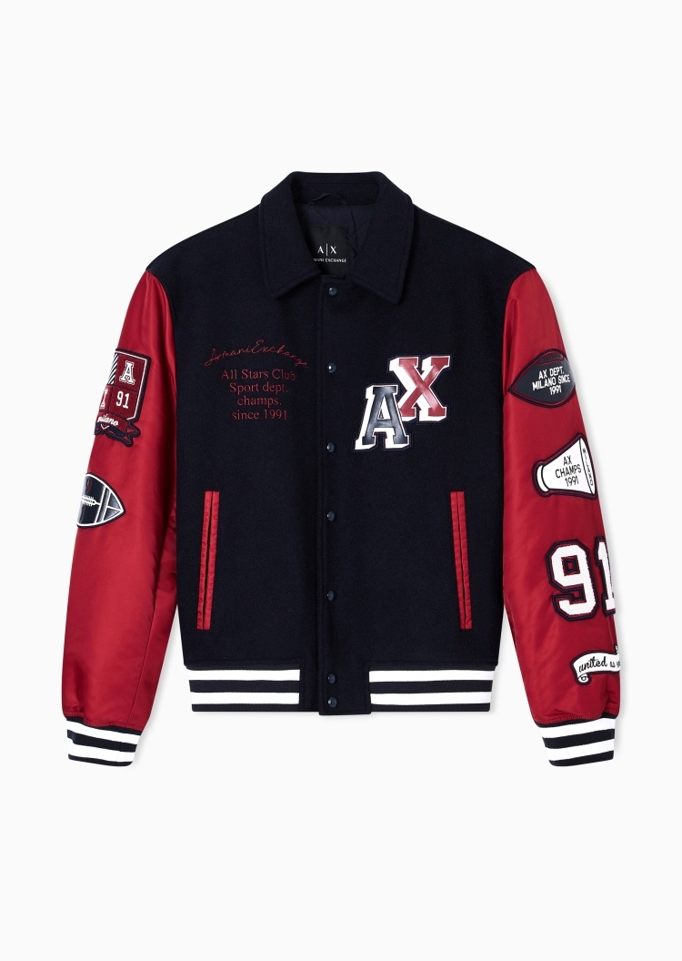 ARMANI EXCHANGE 男士长袖翻领撞色拼接刺绣贴片棉服