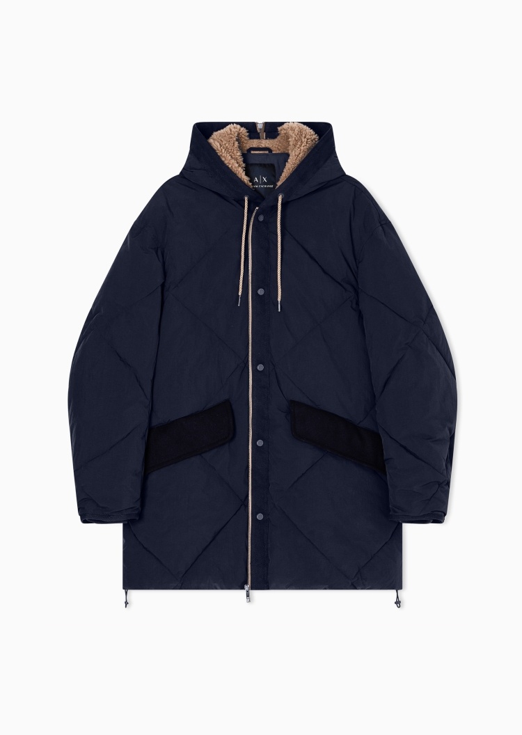 ARMANI EXCHANGE 男士长袖连帽拉链按扣菱形绗缝棉服