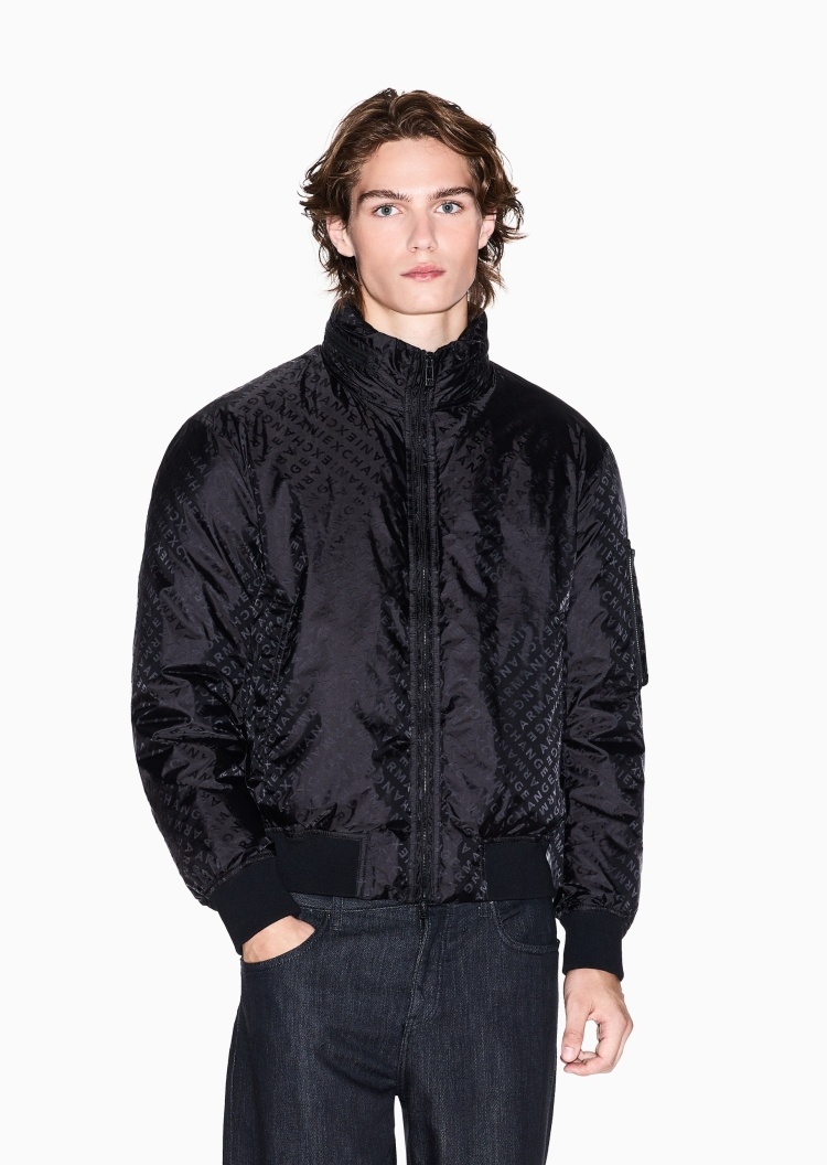 ARMANI EXCHANGE 男士长袖立领满印字母拉链门襟棉服