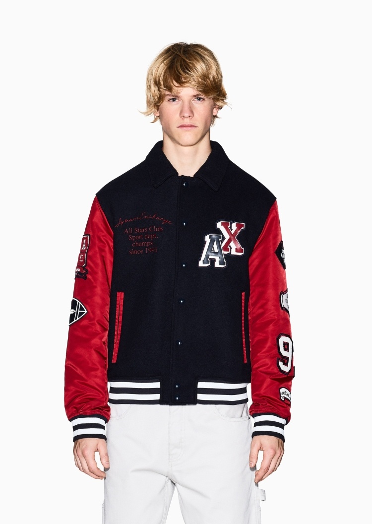 ARMANI EXCHANGE 男士长袖翻领撞色拼接刺绣贴片棉服