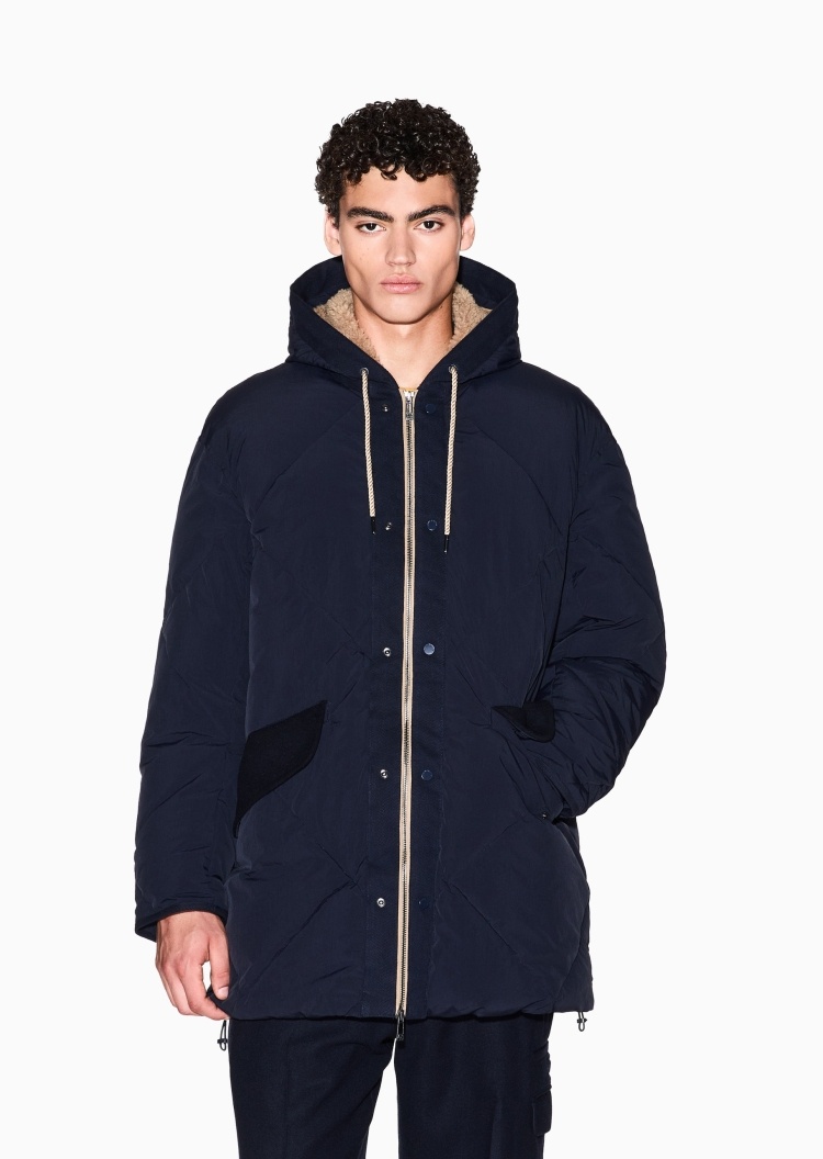 ARMANI EXCHANGE 男士长袖连帽拉链按扣菱形绗缝棉服