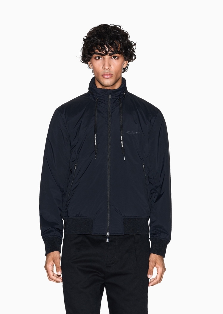 ARMANI EXCHANGE 男士长袖立领徽标印花拉链门襟棉服