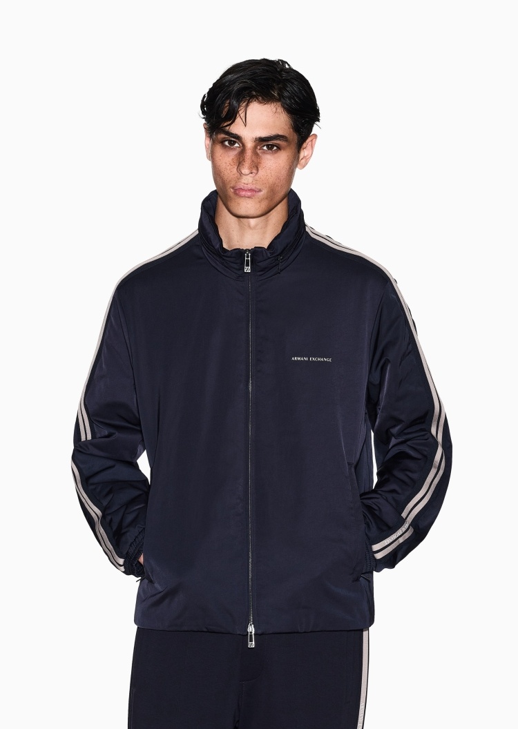ARMANI EXCHANGE 男士长袖隐藏可收纳连帽拉链撞色织带棉服