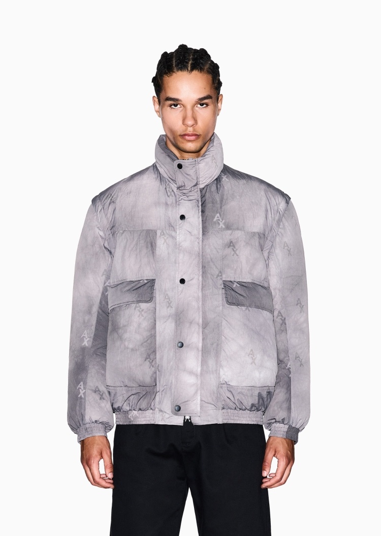 ARMANI EXCHANGE 男士可拆衣袖立领通体字母印花棉服
