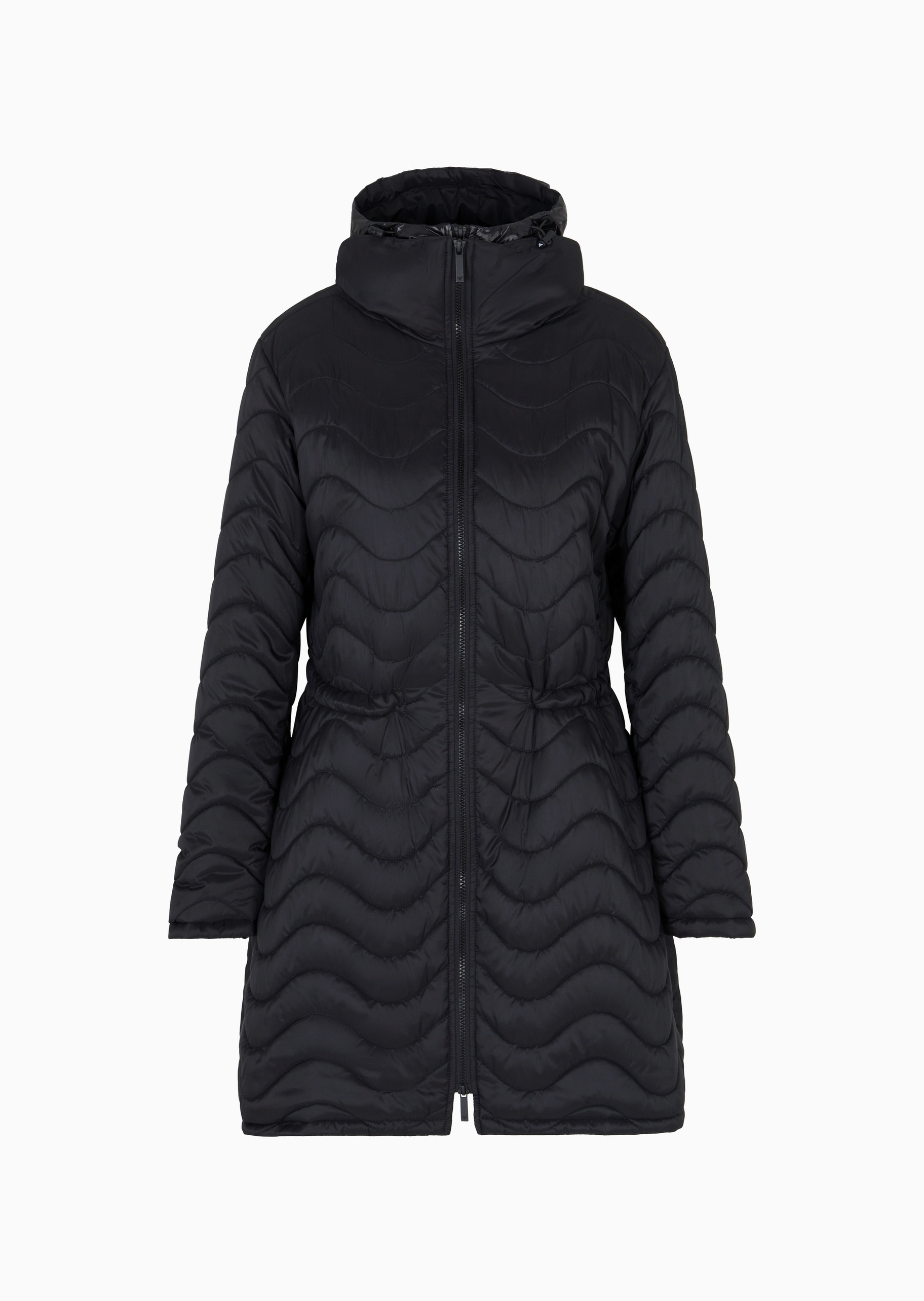 Emporio Armani 女士长袖长款轻薄连帽纯色收腰拉链棉服