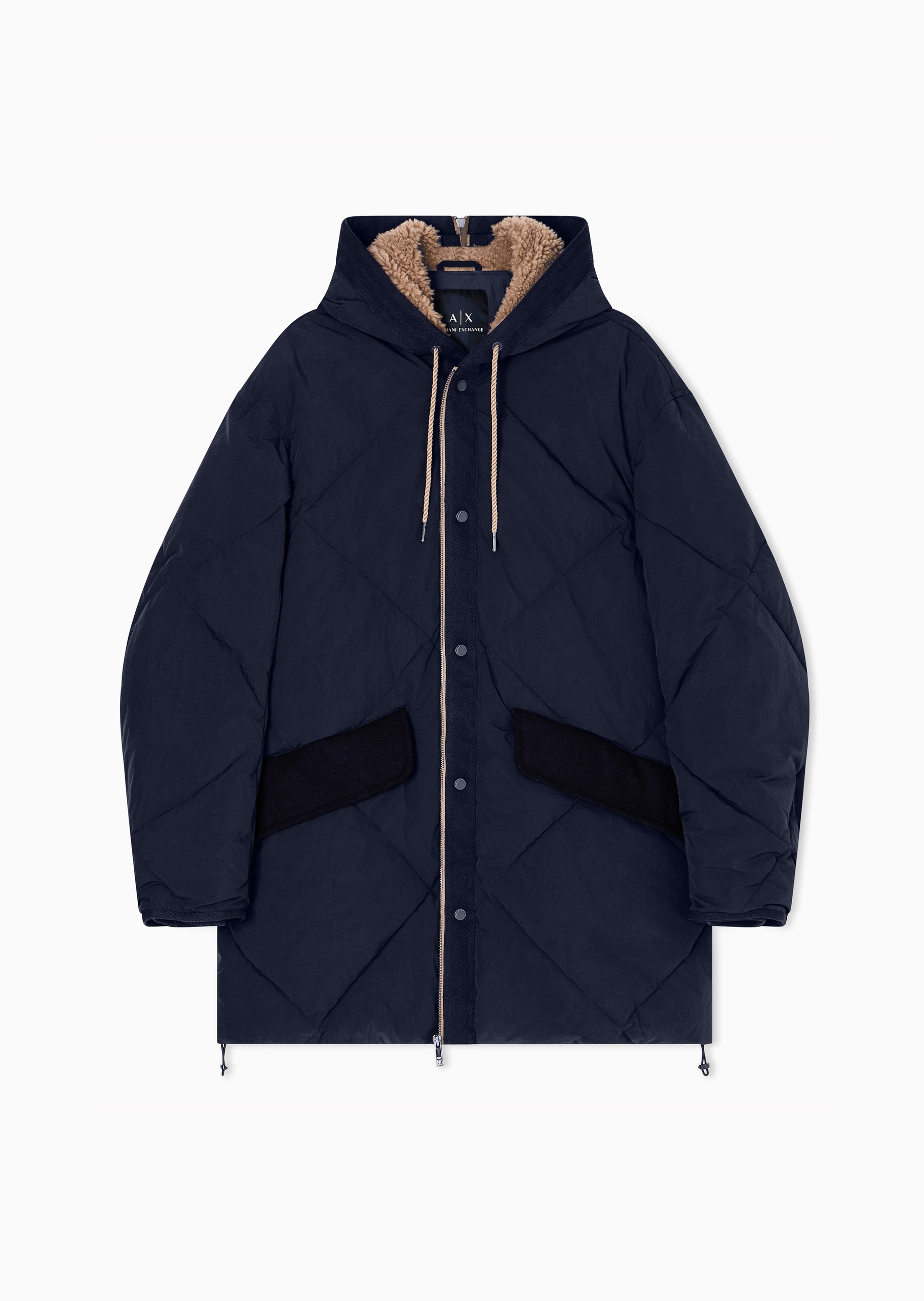 ARMANI EXCHANGE 男士长袖连帽拉链按扣菱形绗缝棉服