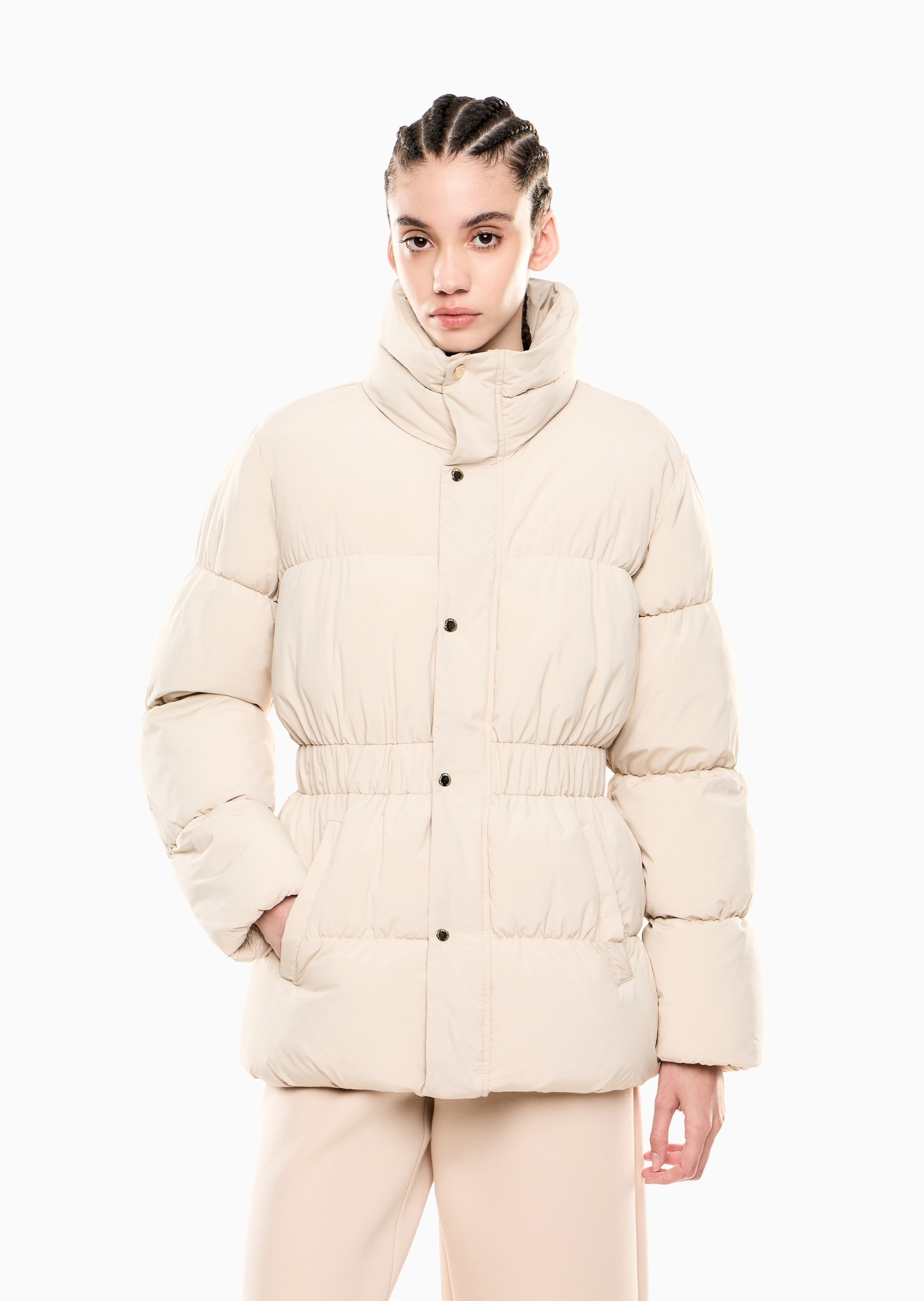 EA7 女士加厚长袖立领标识贴片按扣门襟棉服