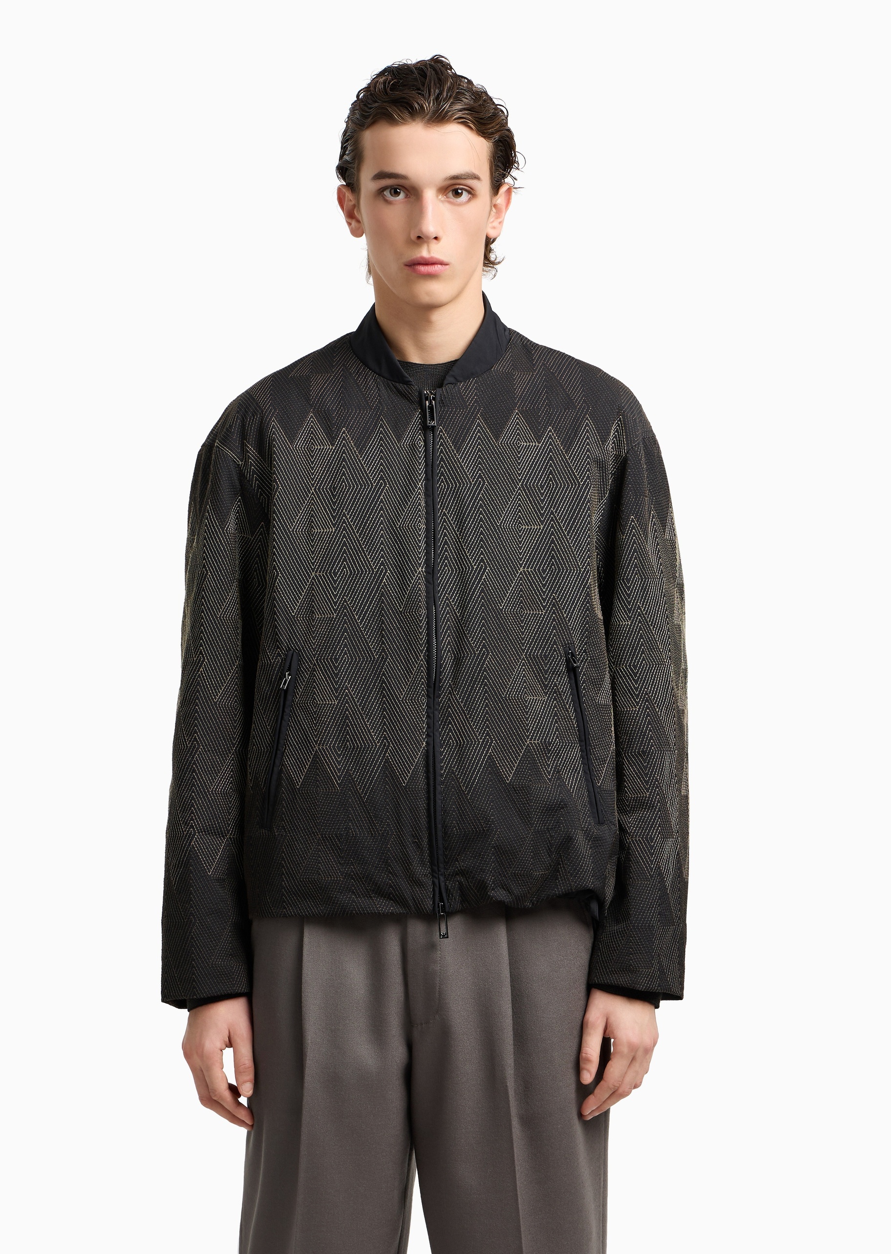 Emporio Armani 男士短款轻薄长袖棒球领通体刺绣棉服