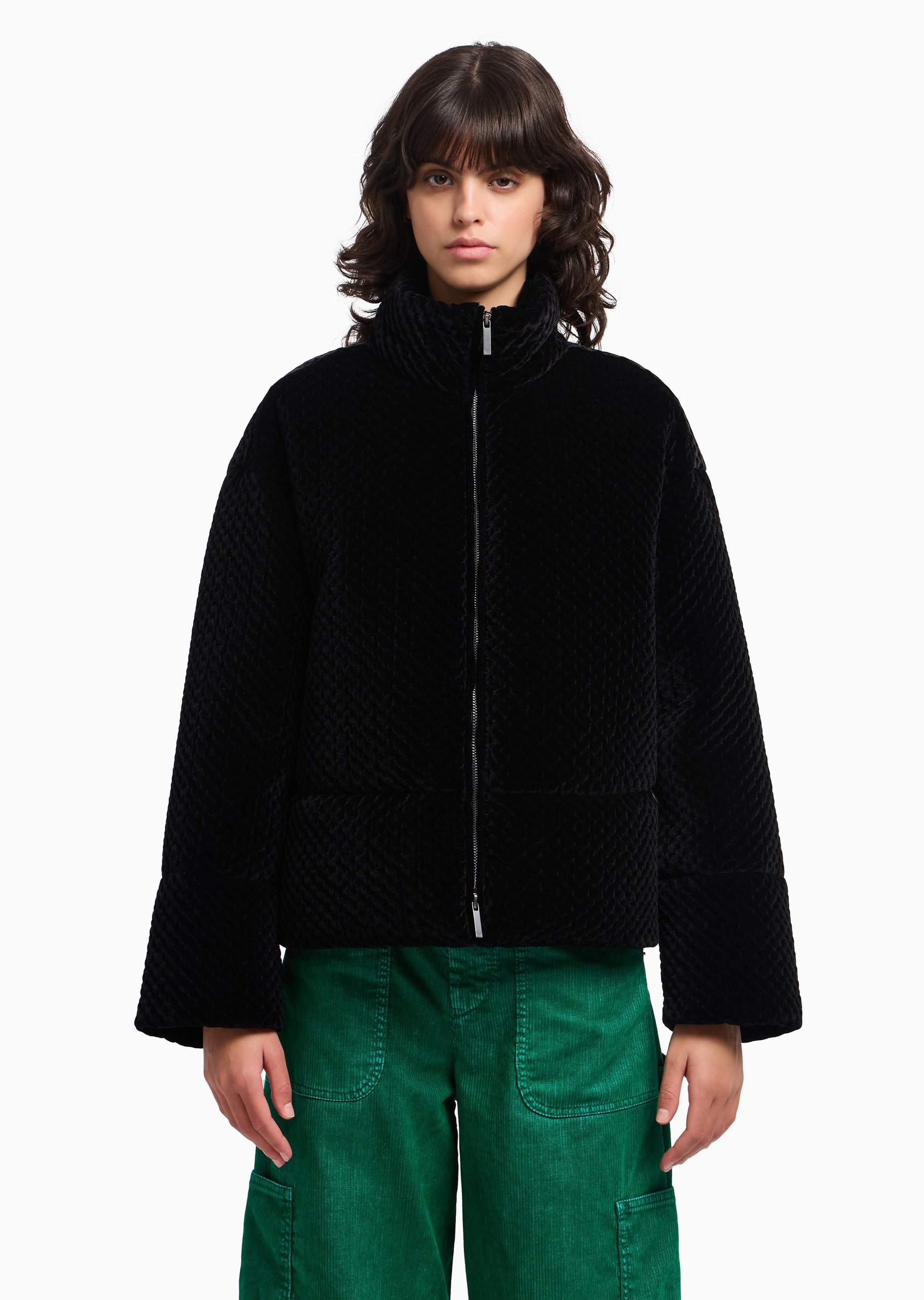 Emporio Armani 女士长袖立领落肩华夫格拉链门襟棉服