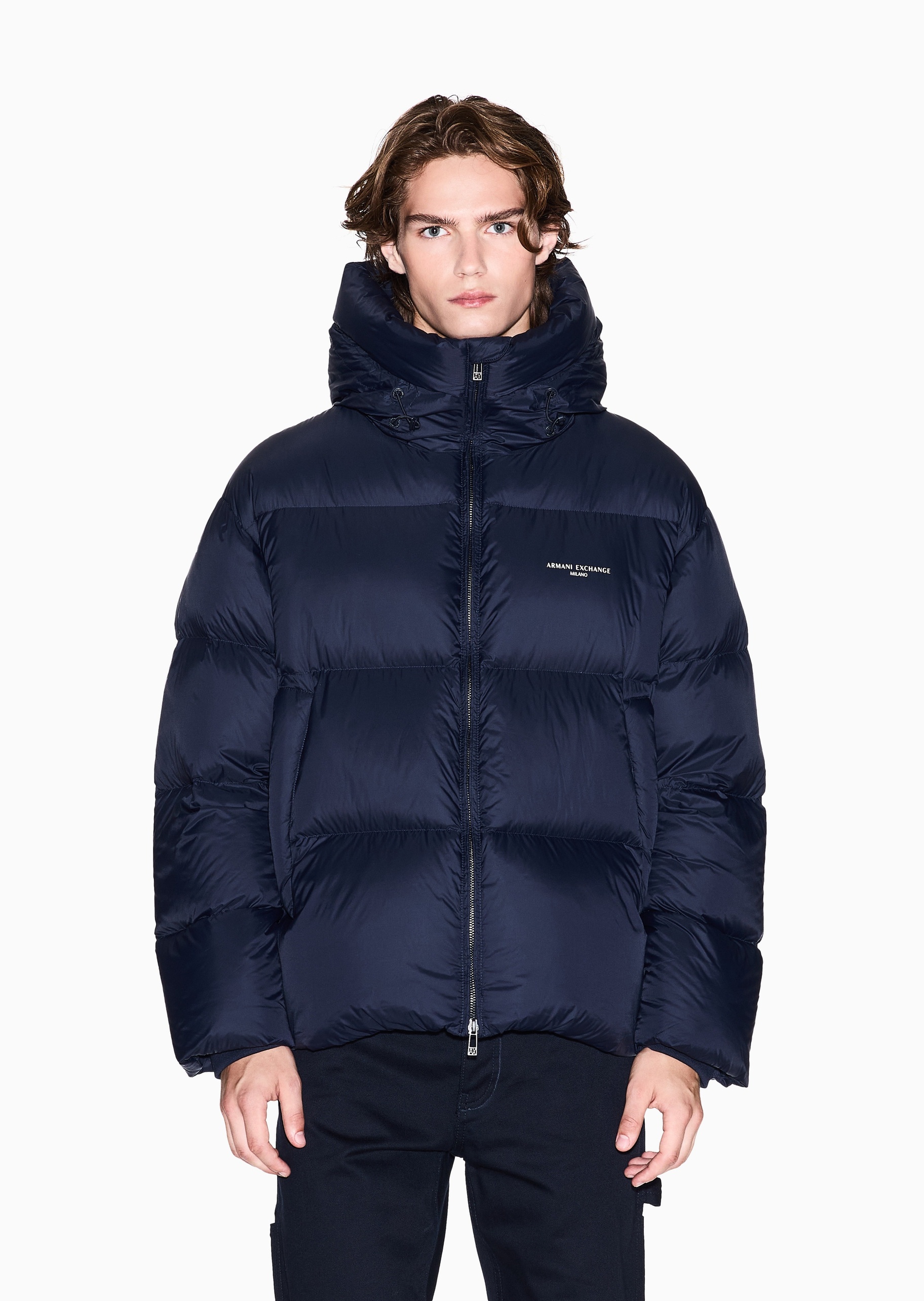 ARMANI EXCHANGE 男士90白鸭绒短款加厚连帽面包羽绒服外套