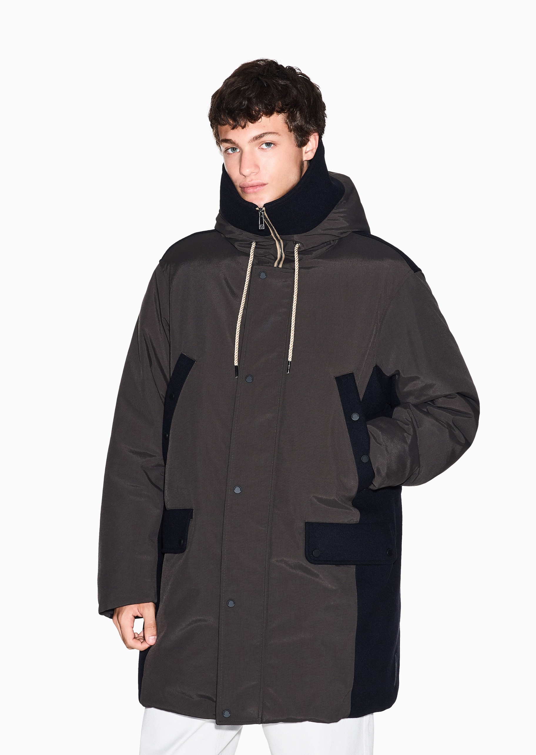 ARMANI EXCHANGE 男士连帽拼接长款撞色夹克棉服外套