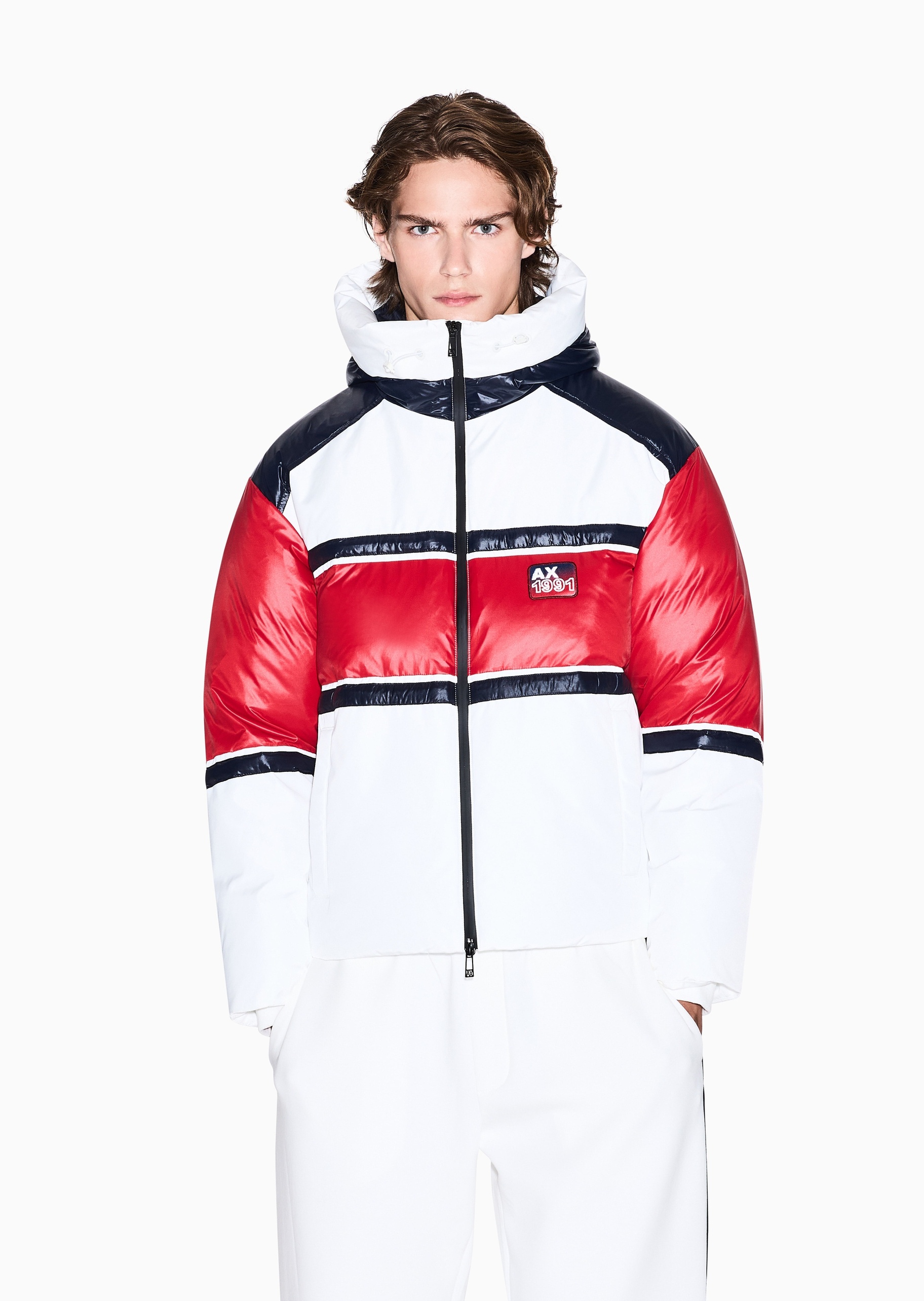 ARMANI EXCHANGE 男士长袖连帽撞色拉链门襟贴片棉服