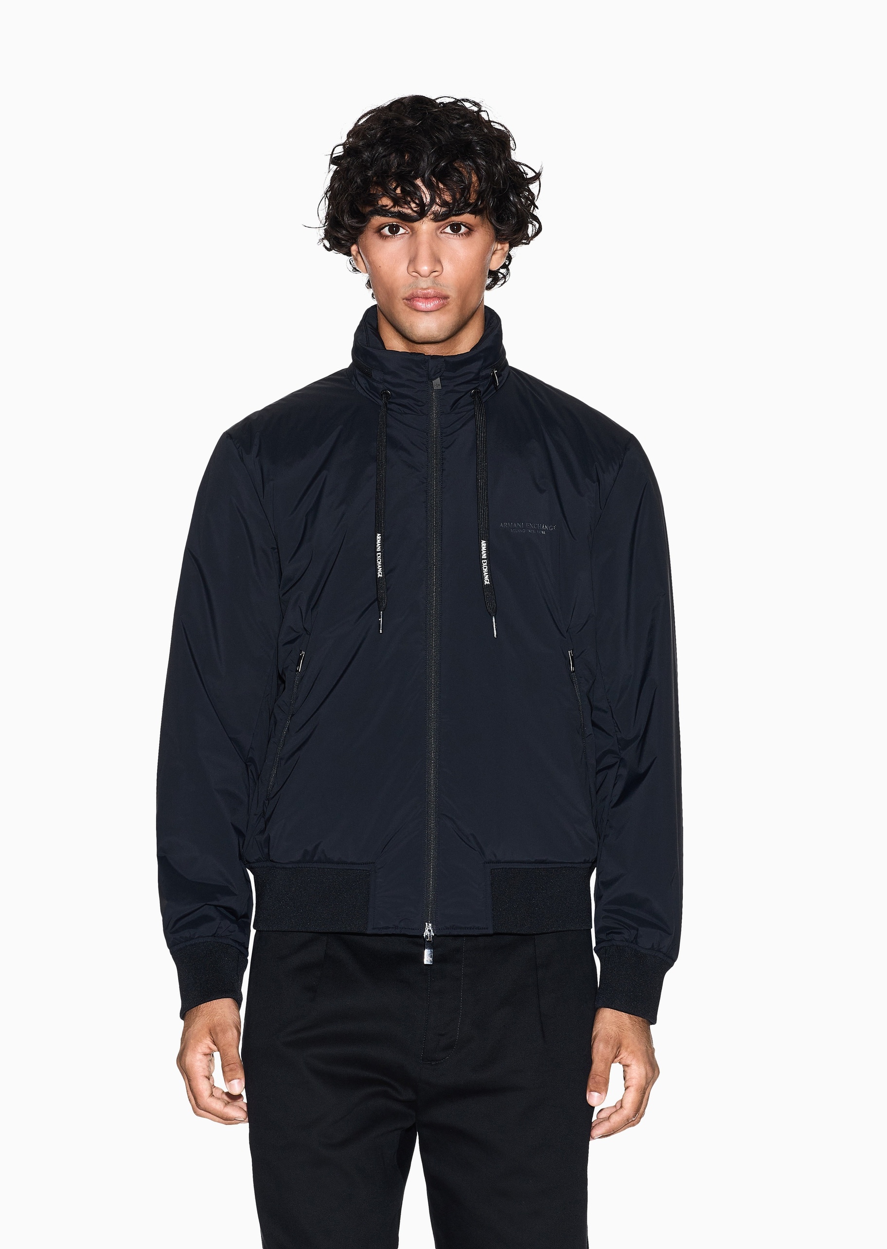 ARMANI EXCHANGE 男士长袖立领徽标印花拉链门襟棉服