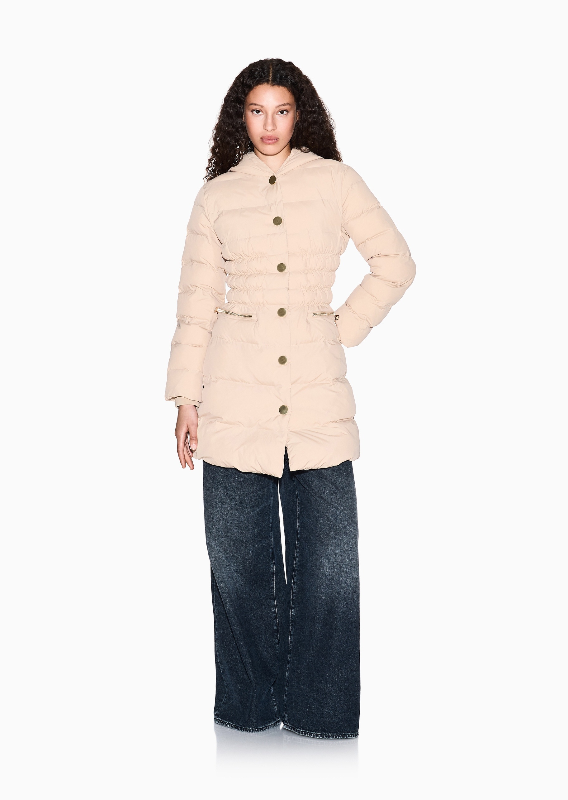 ARMANI EXCHANGE 女士长袖连帽收腰按扣门襟纯色棉服