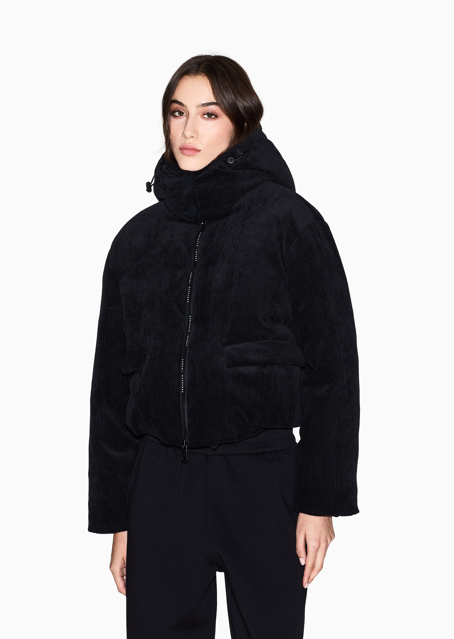 ARMANI EXCHANGE 女士短款连帽灯芯绒双向拉链棉服