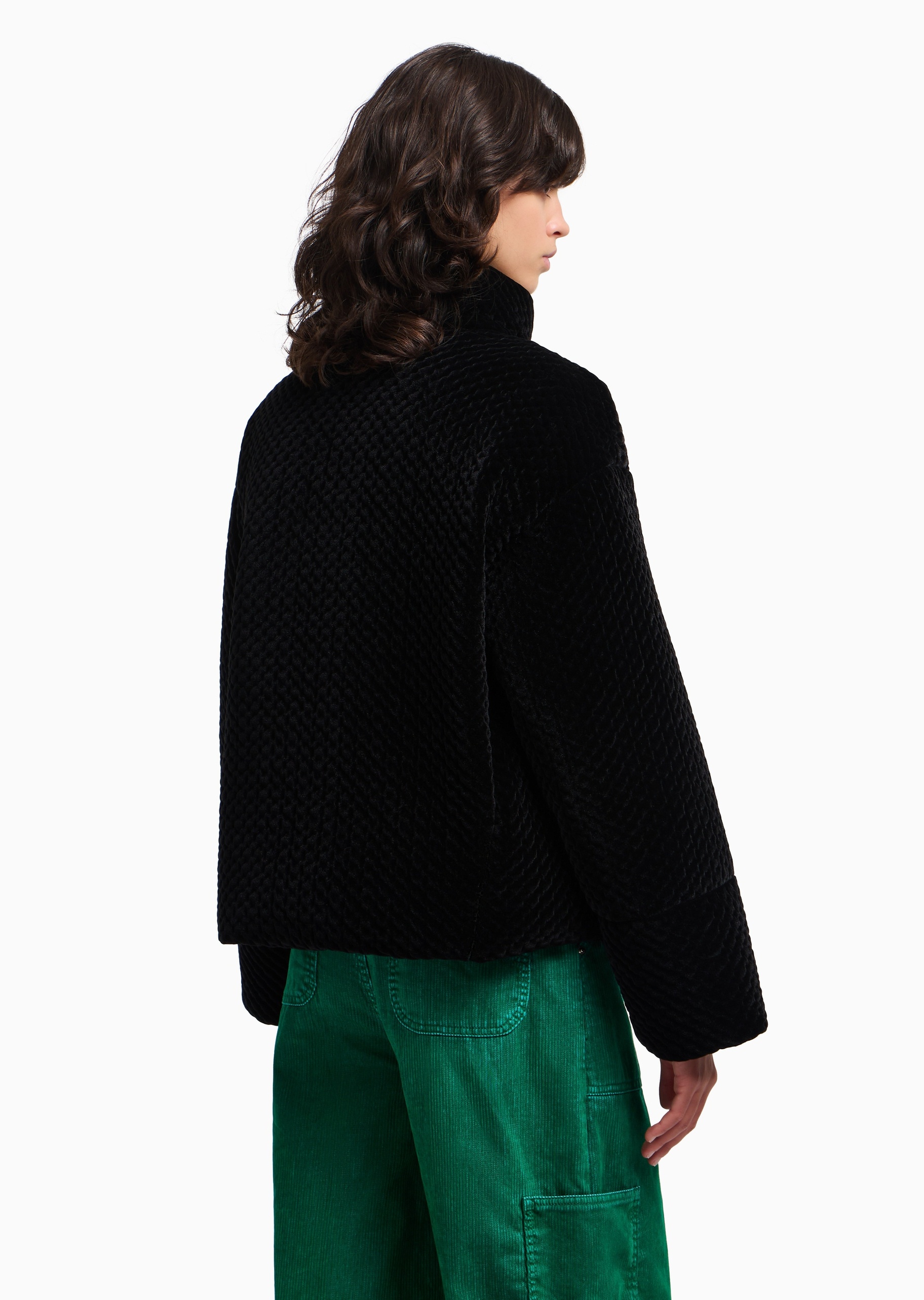 Emporio Armani 女士长袖立领落肩华夫格拉链门襟棉服