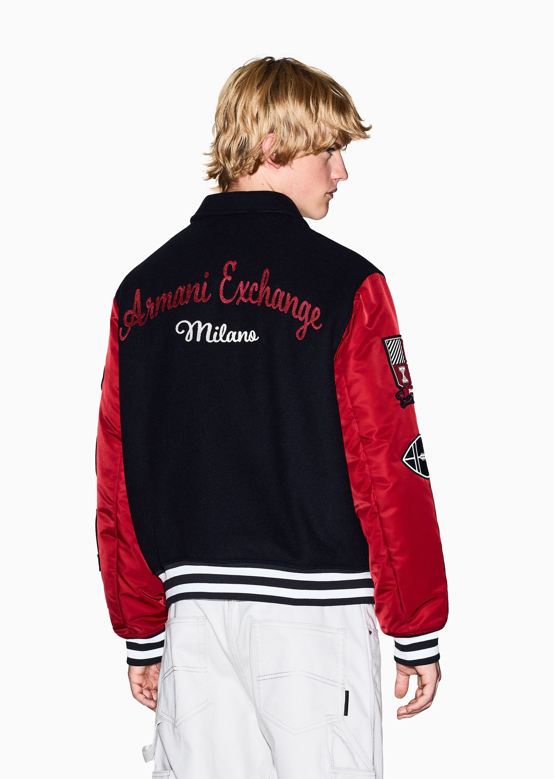 ARMANI EXCHANGE 男士长袖翻领撞色拼接刺绣贴片棉服