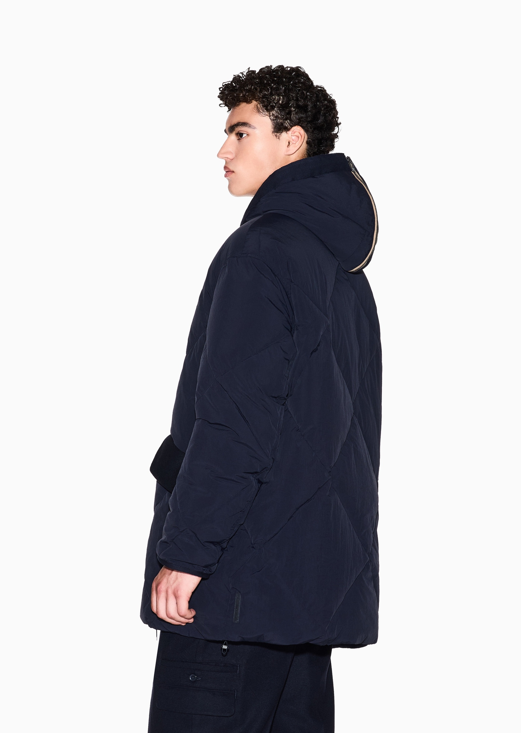 ARMANI EXCHANGE 男士长袖连帽拉链按扣菱形绗缝棉服