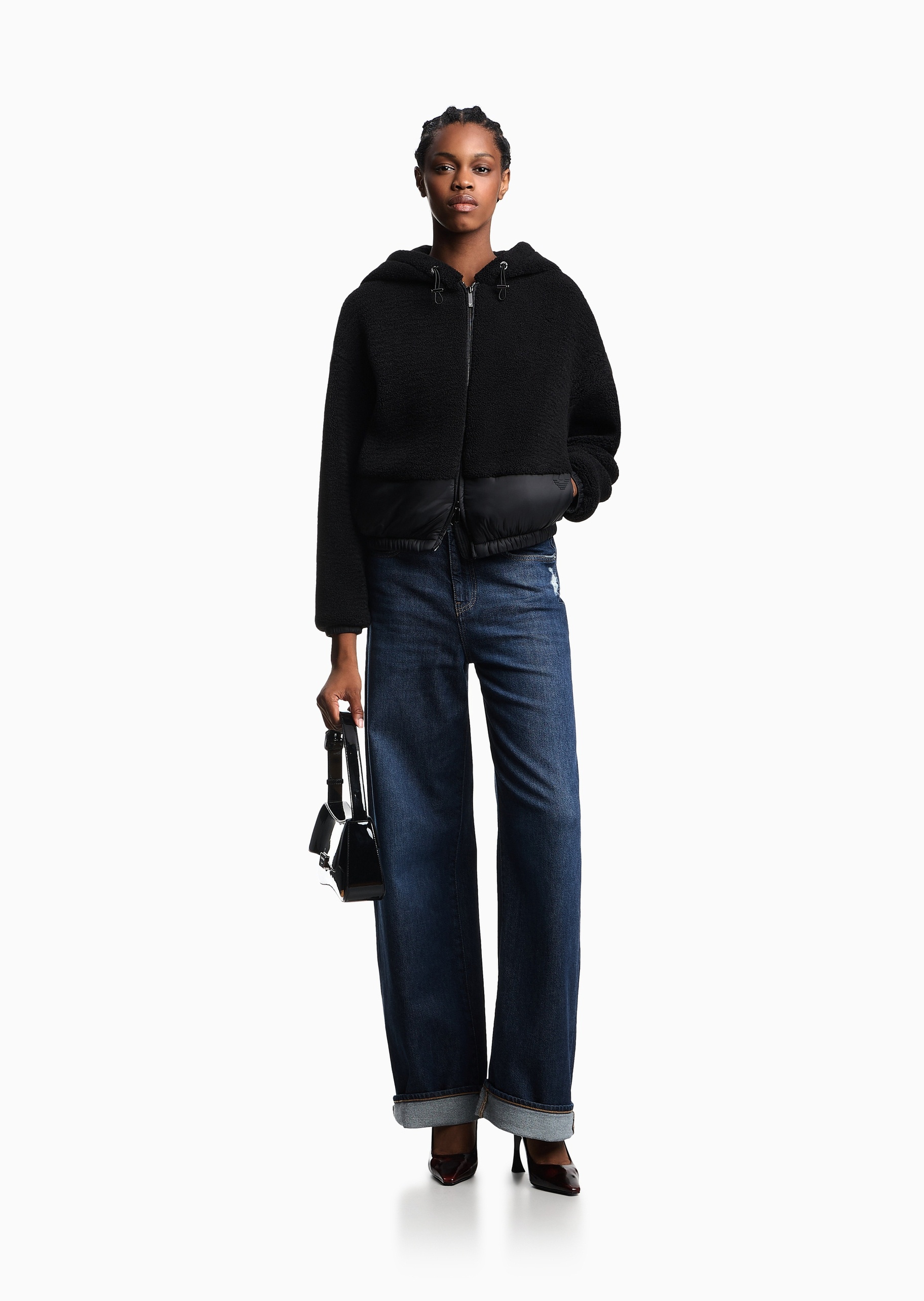 Emporio Armani 女士长袖连帽落肩拼接休闲拉链门襟棉服
