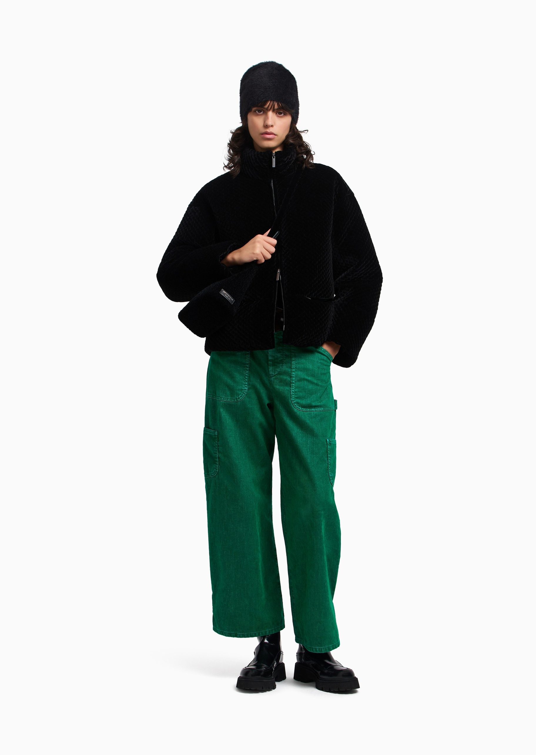 Emporio Armani 女士长袖立领落肩华夫格拉链门襟棉服