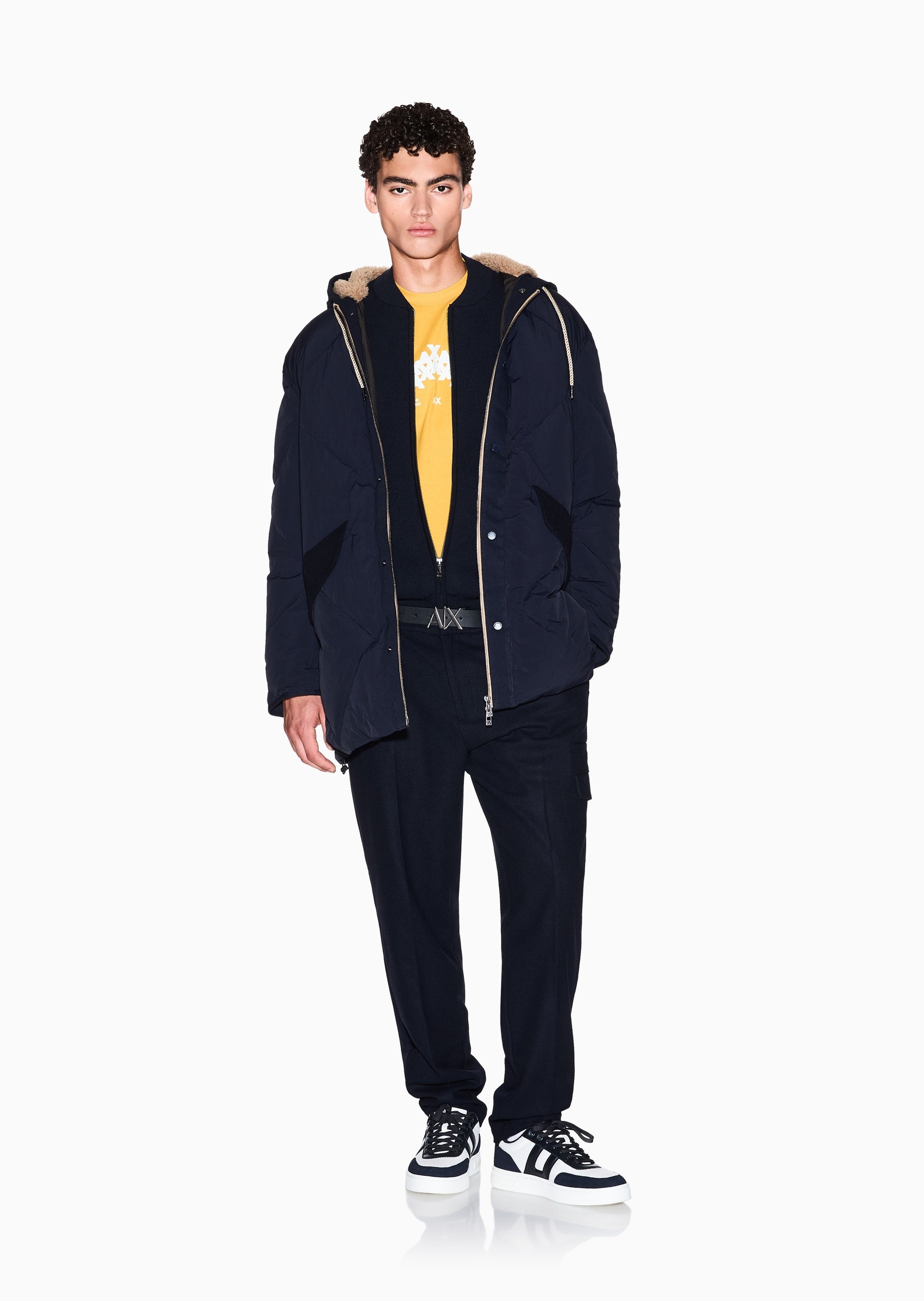 ARMANI EXCHANGE 男士长袖连帽拉链按扣菱形绗缝棉服