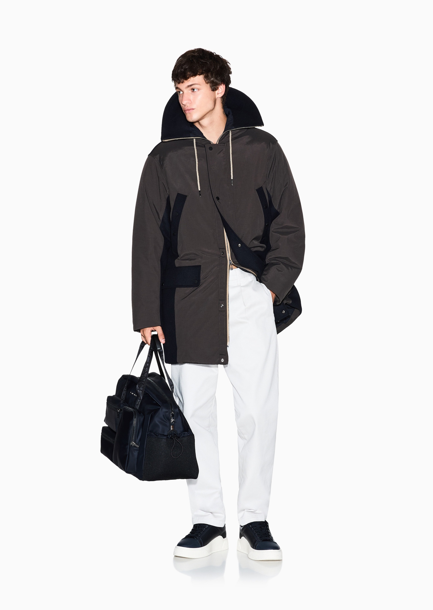 ARMANI EXCHANGE 男士连帽拼接长款撞色夹克棉服外套