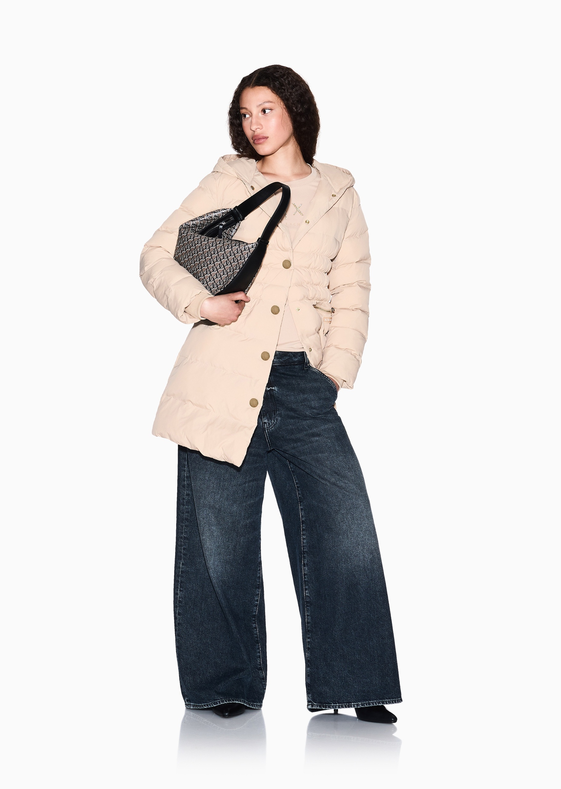 ARMANI EXCHANGE 女士长袖连帽收腰按扣门襟纯色棉服