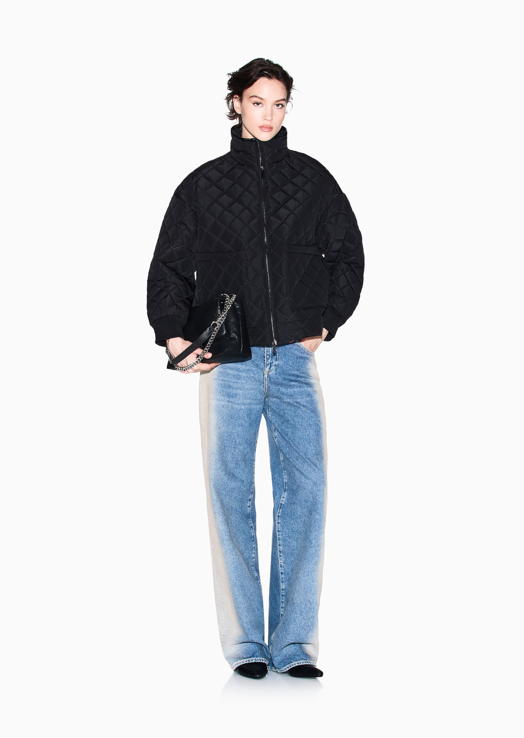 ARMANI EXCHANGE 女士长袖立领落肩拉链门襟菱格绗缝棉服