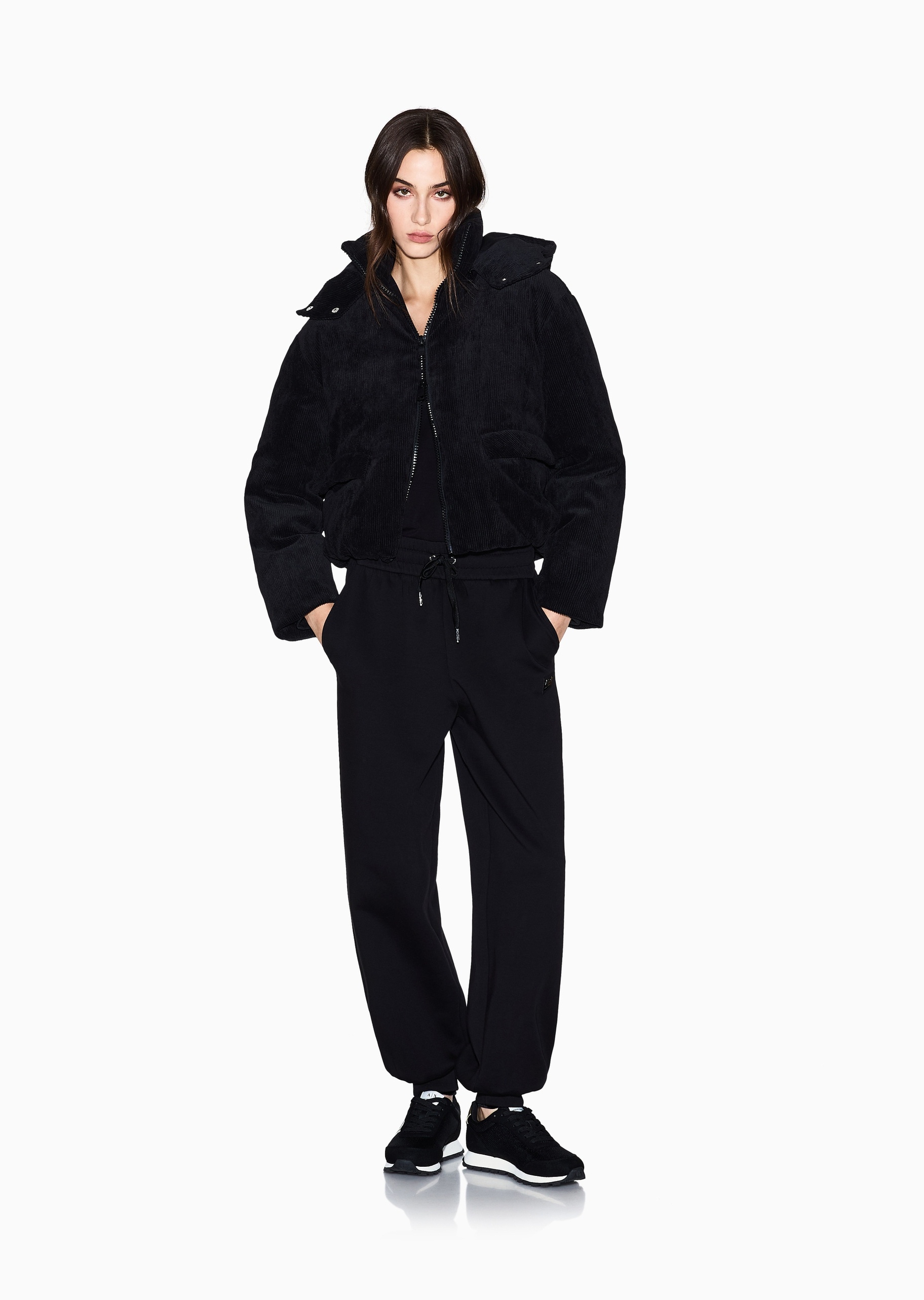 ARMANI EXCHANGE 女士短款连帽灯芯绒双向拉链棉服