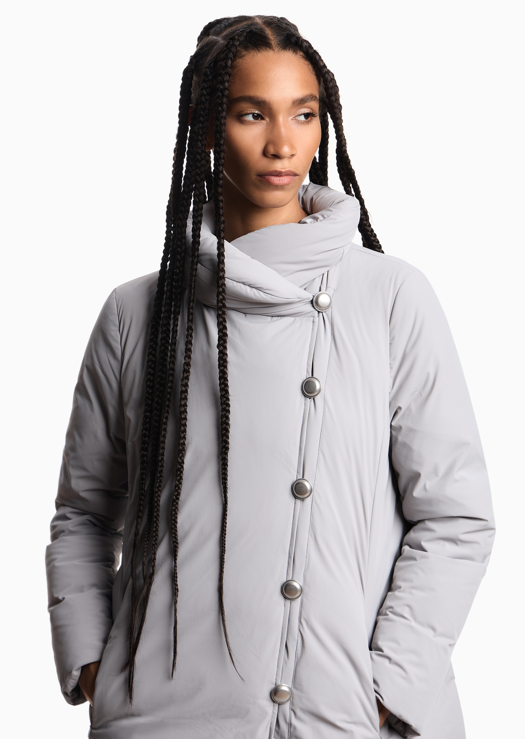 Emporio Armani 女士长袖中长款可收纳连帽纽扣门襟羽绒服