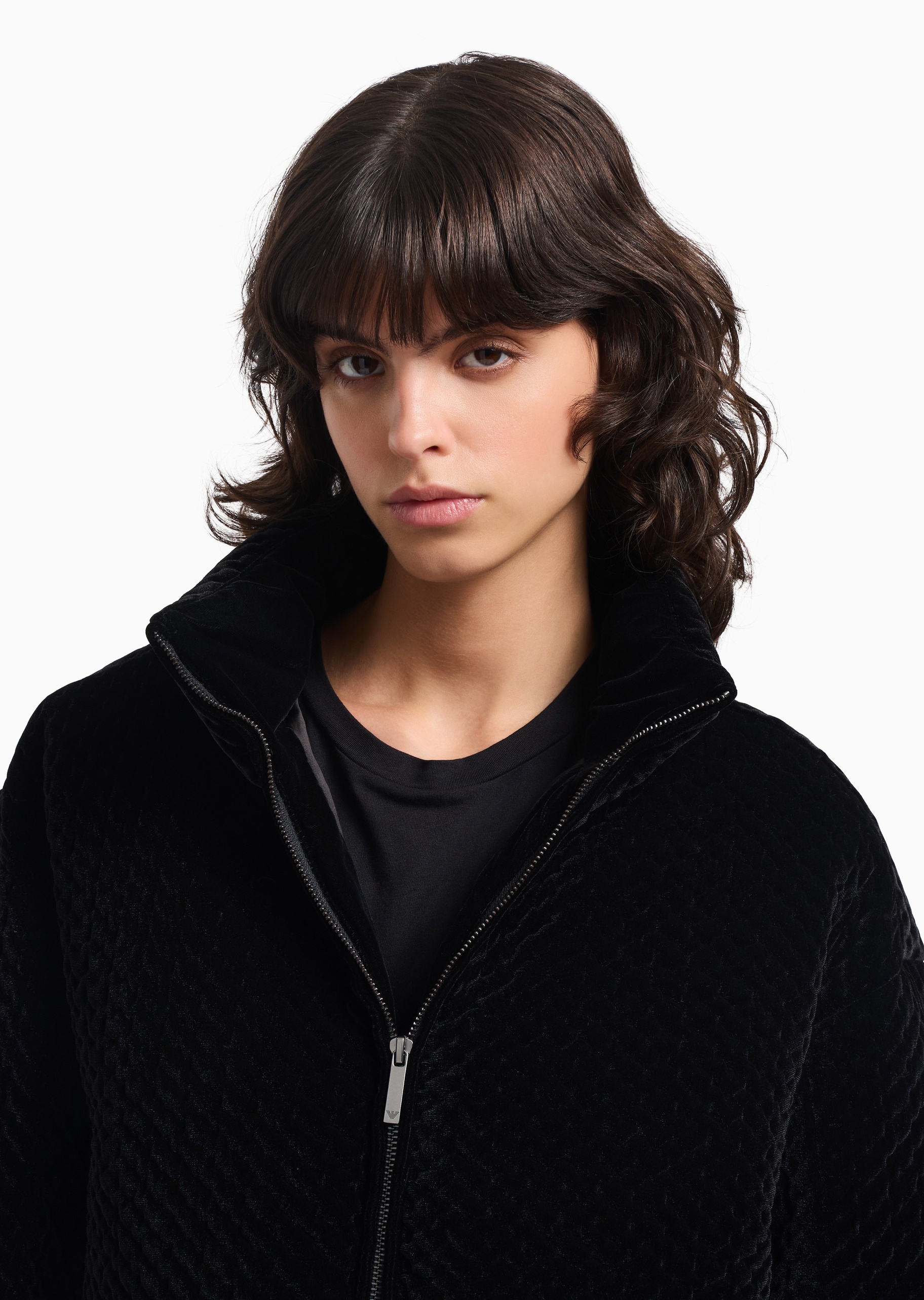 Emporio Armani 女士长袖立领落肩华夫格拉链门襟棉服