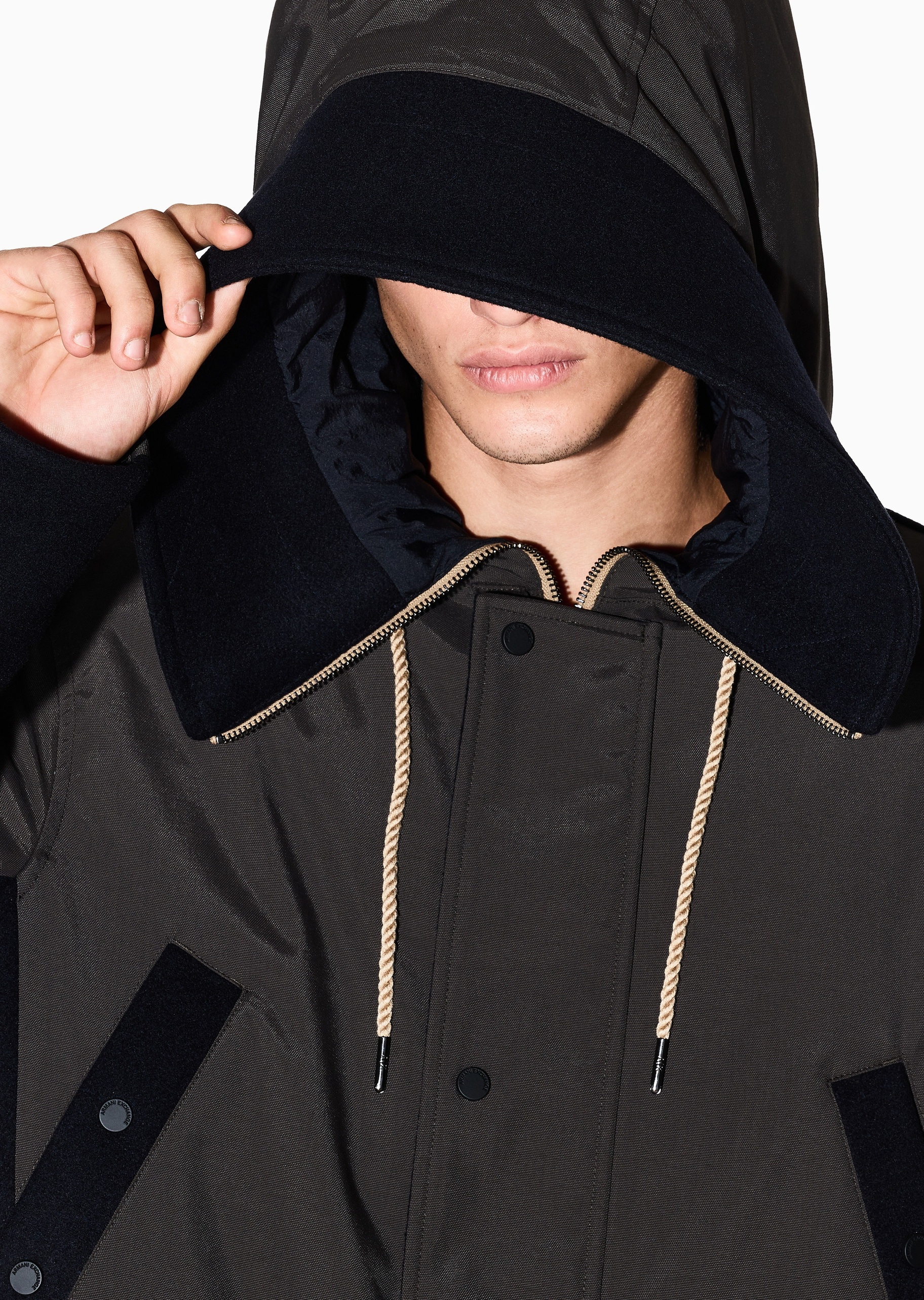 ARMANI EXCHANGE 男士连帽拼接长款撞色夹克棉服外套