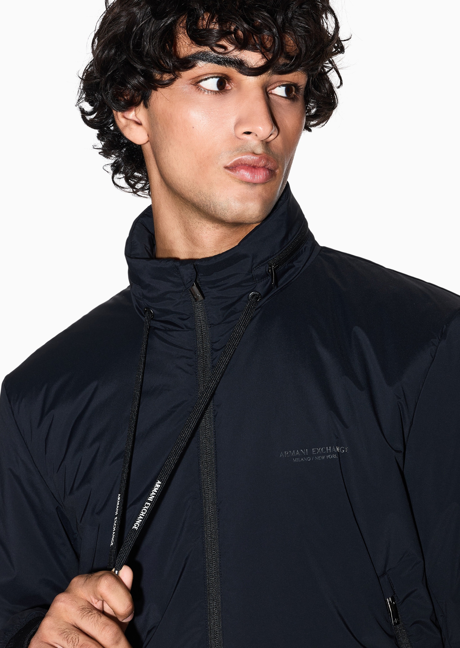 ARMANI EXCHANGE 男士长袖立领徽标印花拉链门襟棉服