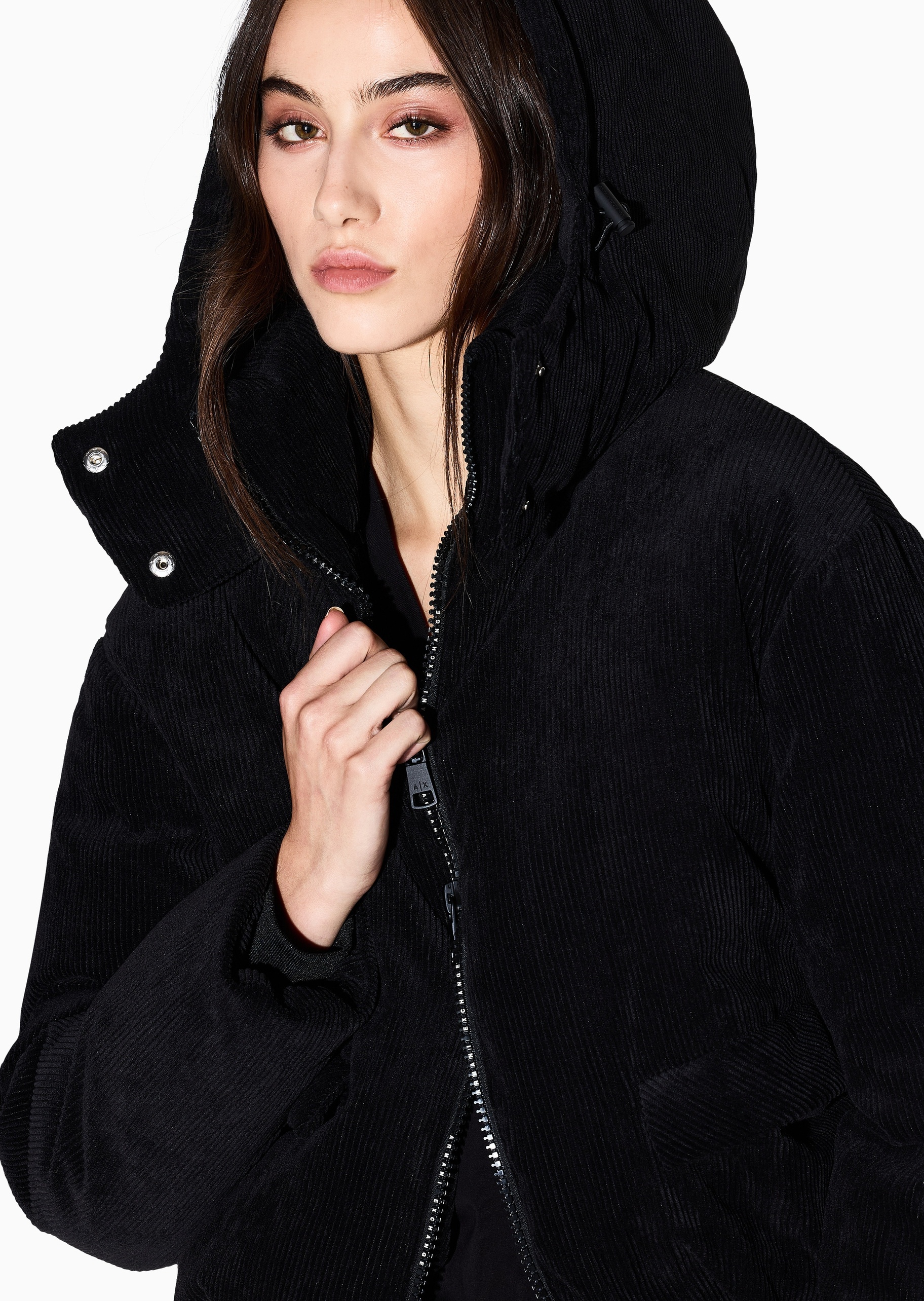 ARMANI EXCHANGE 女士短款连帽灯芯绒双向拉链棉服