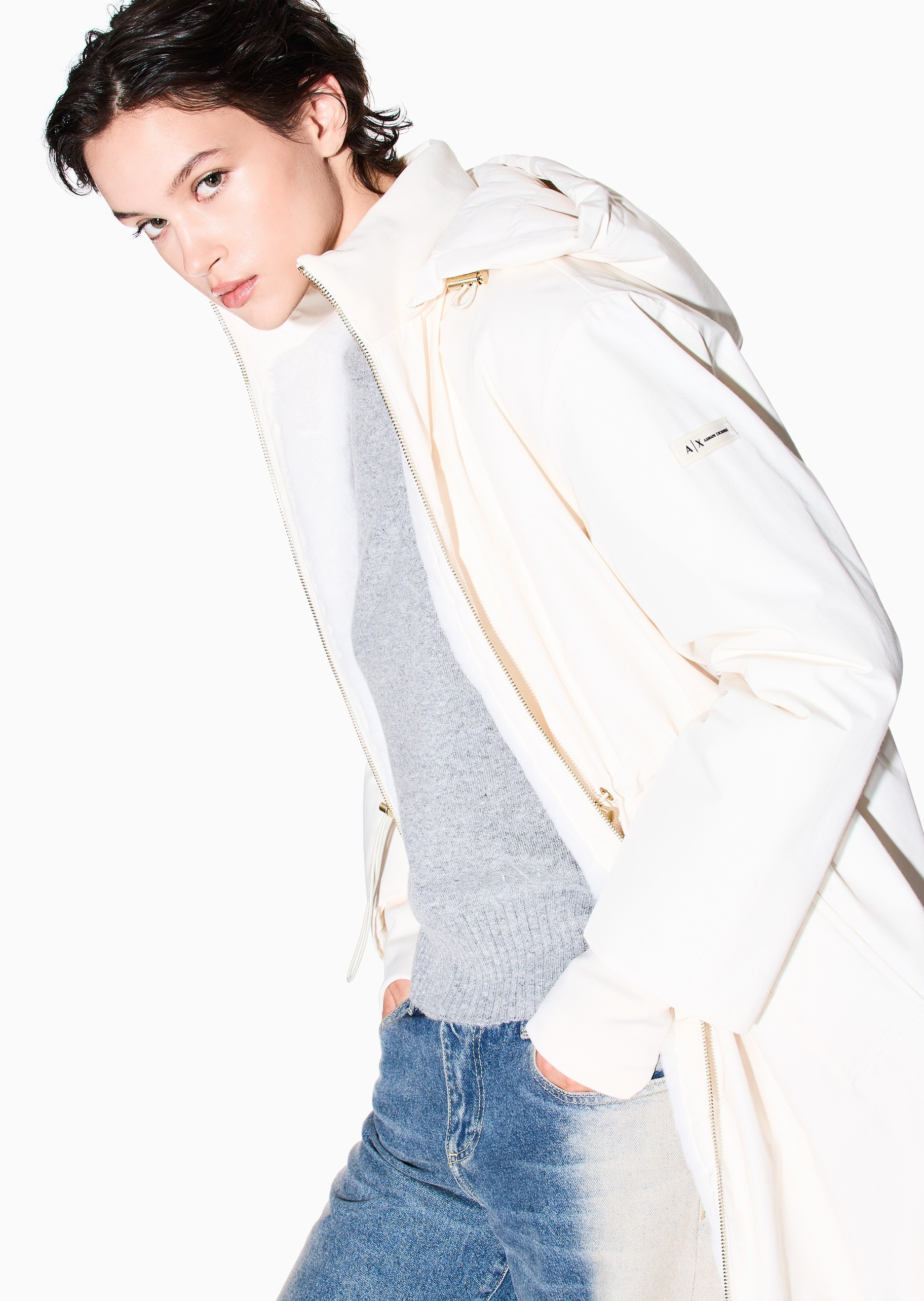 ARMANI EXCHANGE 女士长款连帽收腰通勤夹克棉服外套