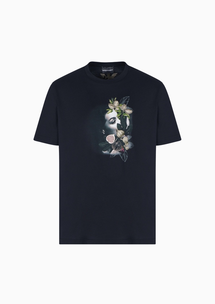 Emporio Armani 男士全棉合身短袖圆领植物刺绣印花T恤衫