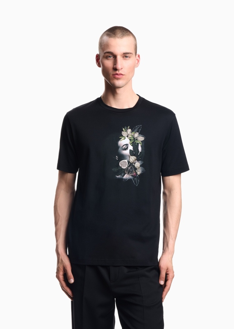 Emporio Armani 男士全棉合身短袖圆领植物刺绣印花T恤衫